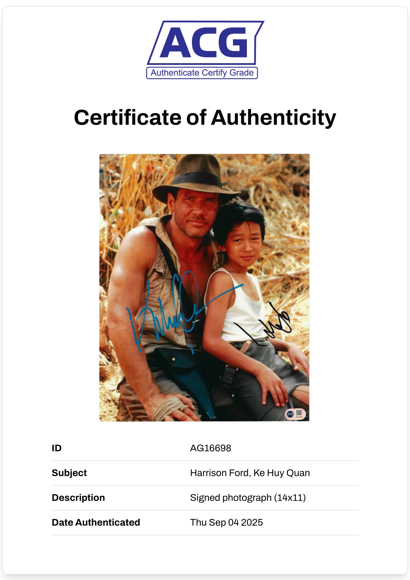HARRISON FORD & KE HUY QUAN SIGNED INDIANA JONES 14x11 PHOTO (ACG CERT AG16698)