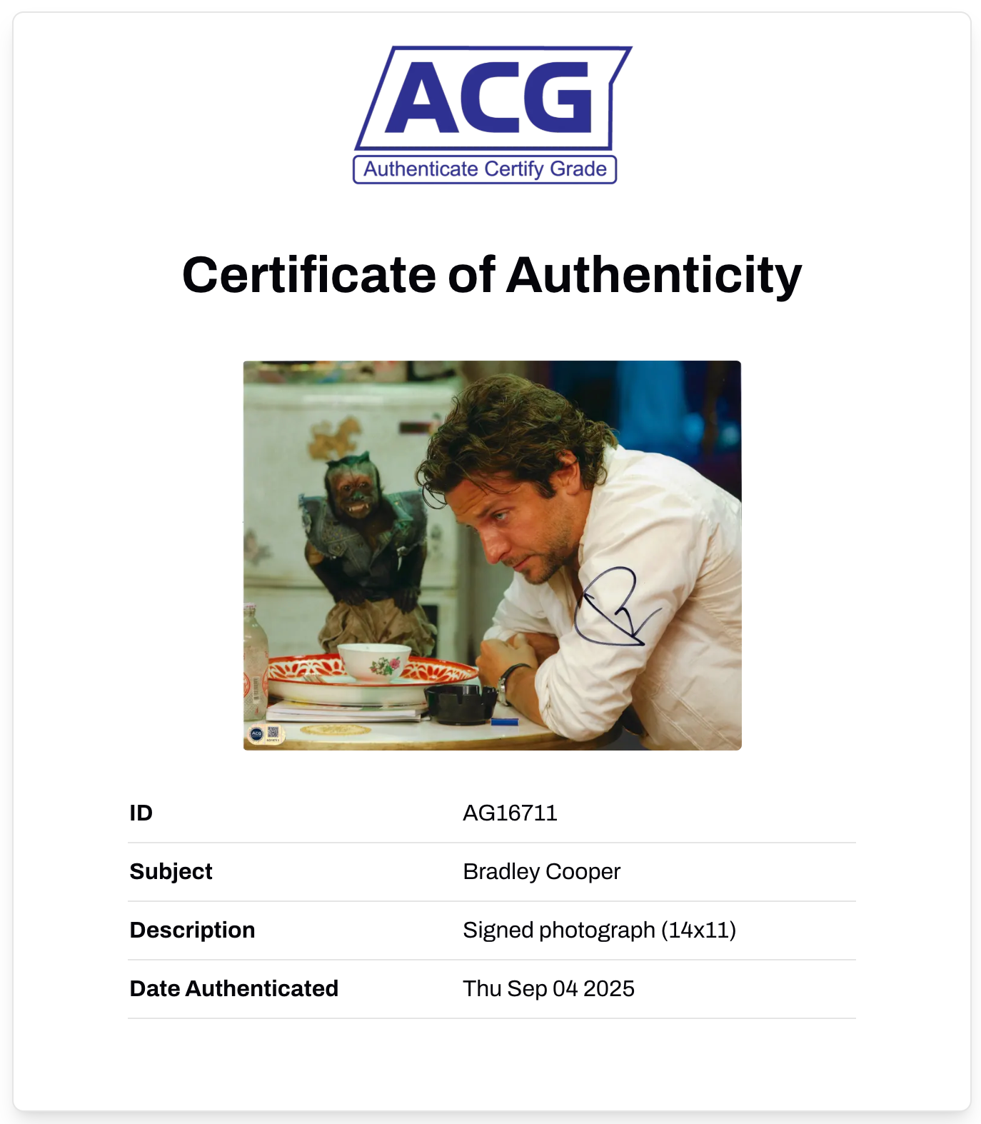 BRADLEY COOPER SIGNED 14x11 PHOTO THE HANGOVER (ACG CERT AG16711)