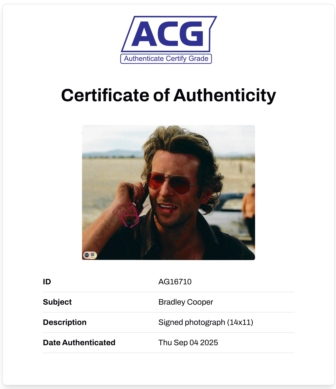 BRADLEY COOPER SIGNED 14x11 PHOTO THE HANGOVER (ACG CERT AG16710)