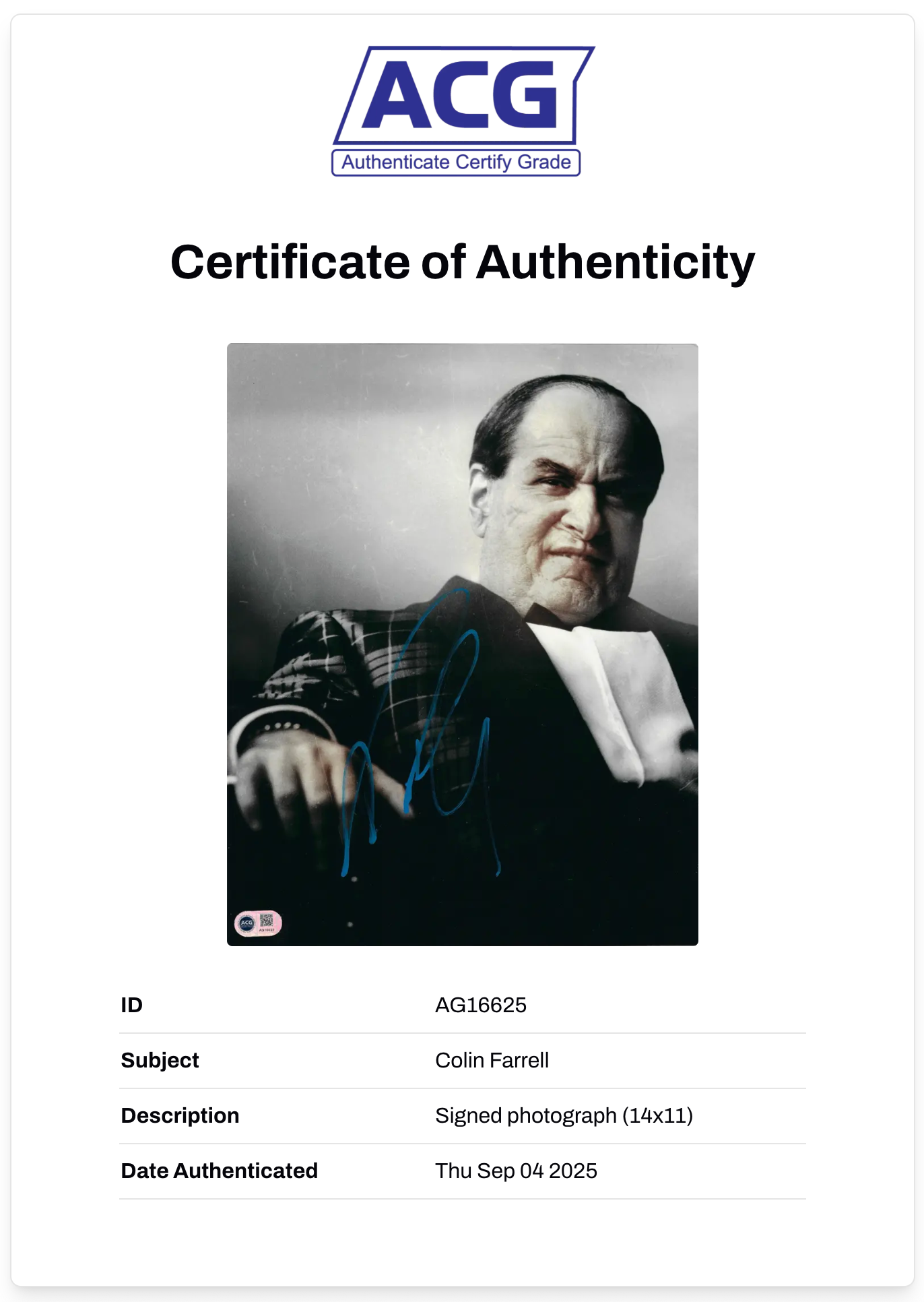 COLIN FARRELL SIGNED THE BATMAN PENGUIN 14x11 PHOTO (ACG CERT AG16625)