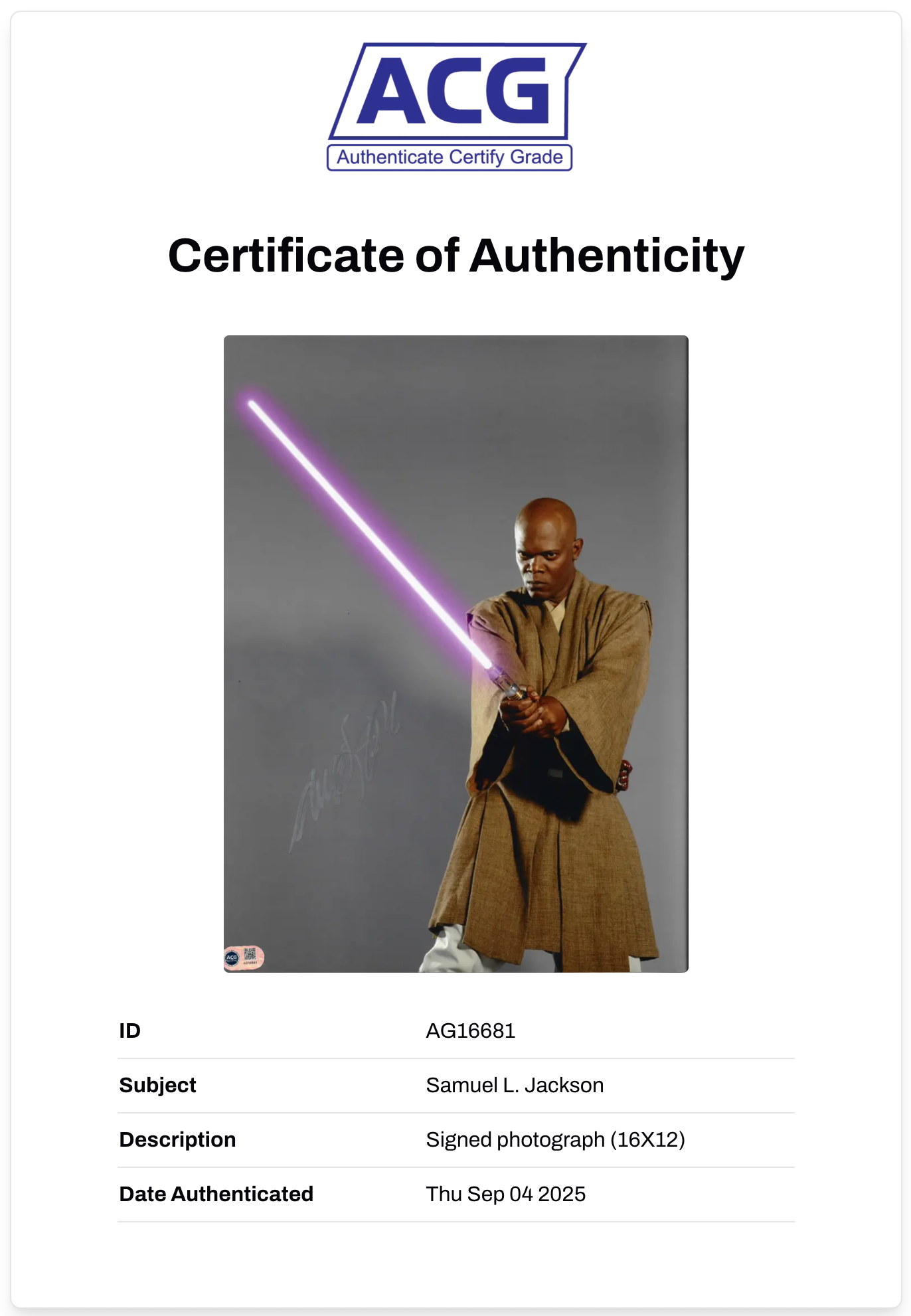 SAMUEL L. JACKSON SIGNED STAR WARS 16x12 PHOTO (ACG CERT AG16681)
