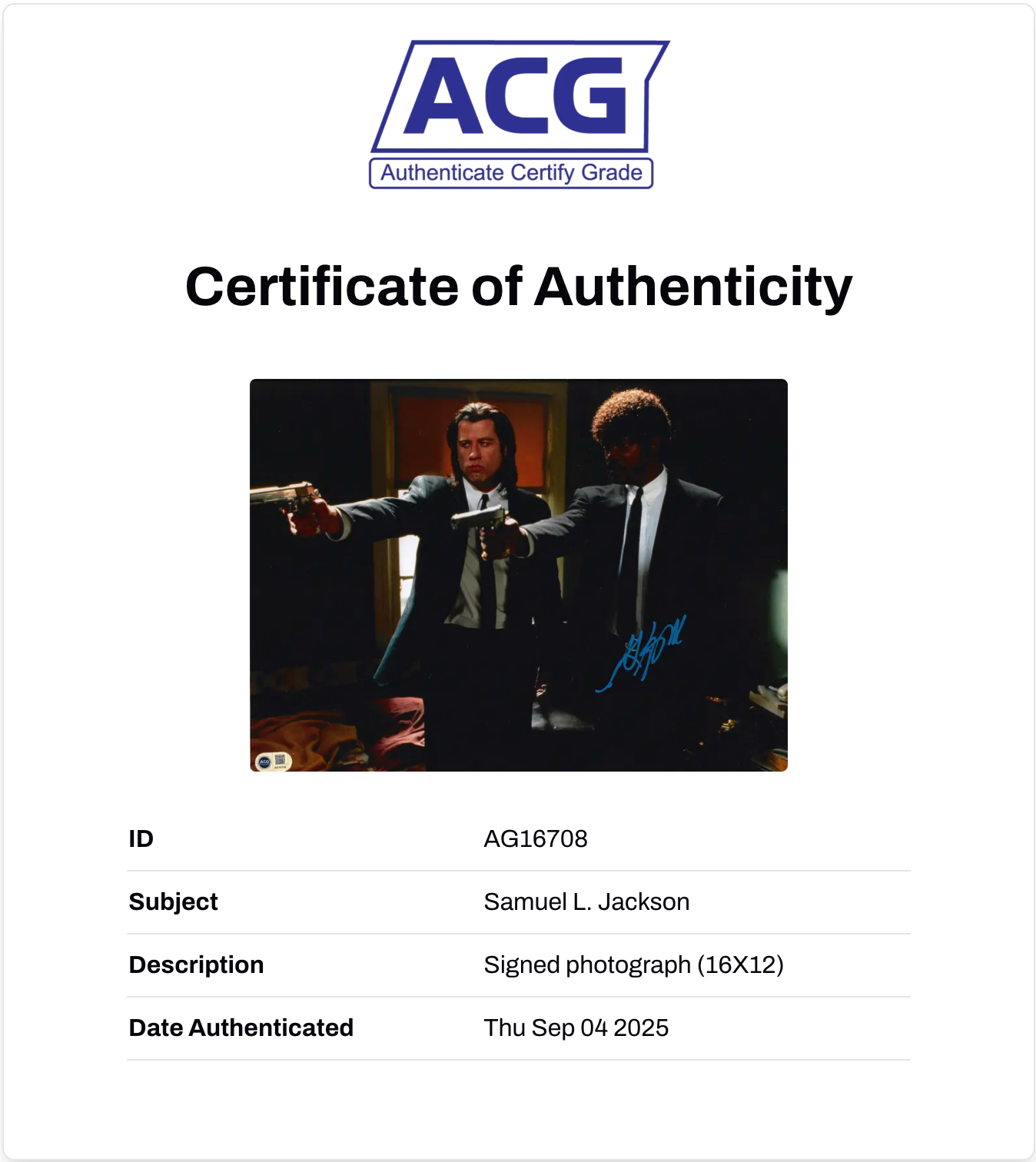 SAMUEL L. JACKSON SIGNED PULP FICTION 16x12 PHOTO (ACG CERT AG16708)
