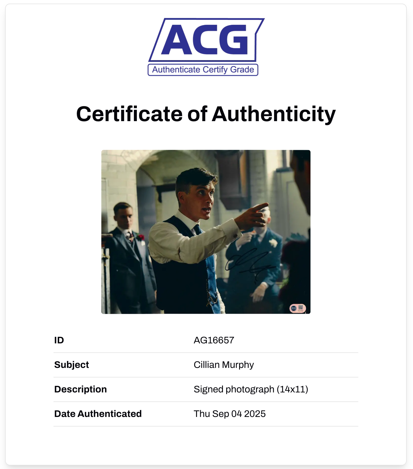 CILLIAN MURPHY SIGNED PEAKY BLINDERS 14x11 PHOTO (ACG CERT AG16657)