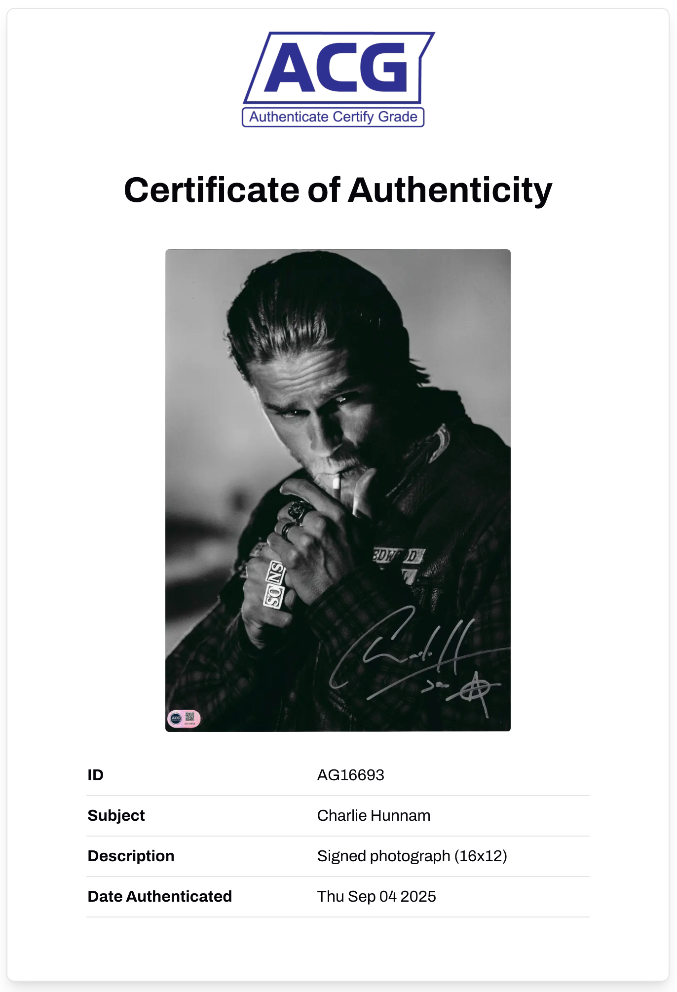 CHARLIE HUNNAM SIGNED JAX TELLER SONS OF ANARCHY 16x12 PHOTO (ACG CERT AG16693)