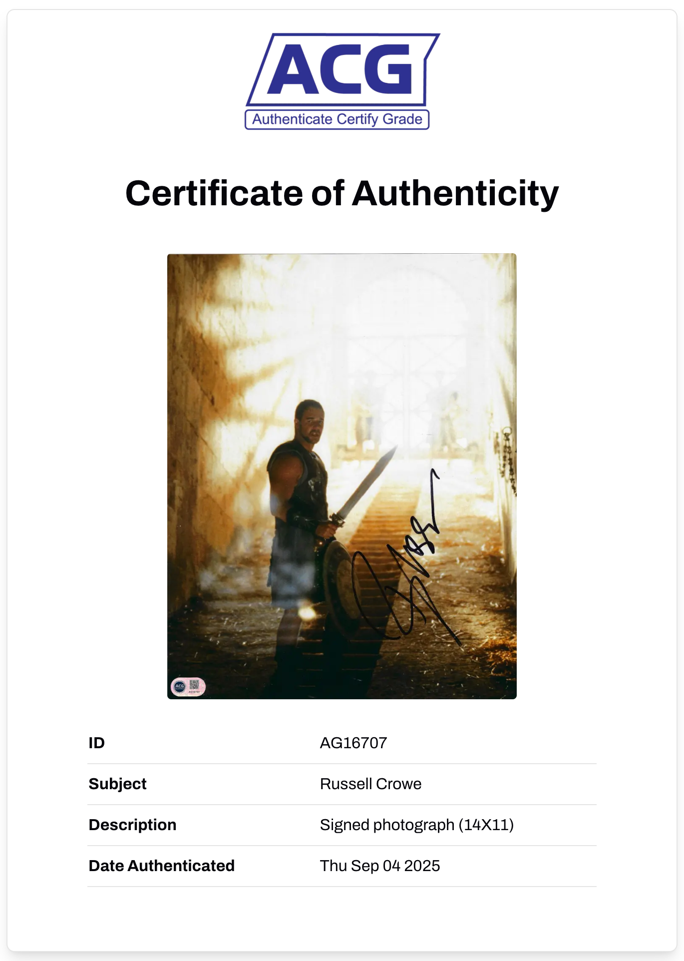 RUSSELL CROWE SIGNED 14x11 GLADIATOR MOVIE PHOTO (ACG CERT AG16707)