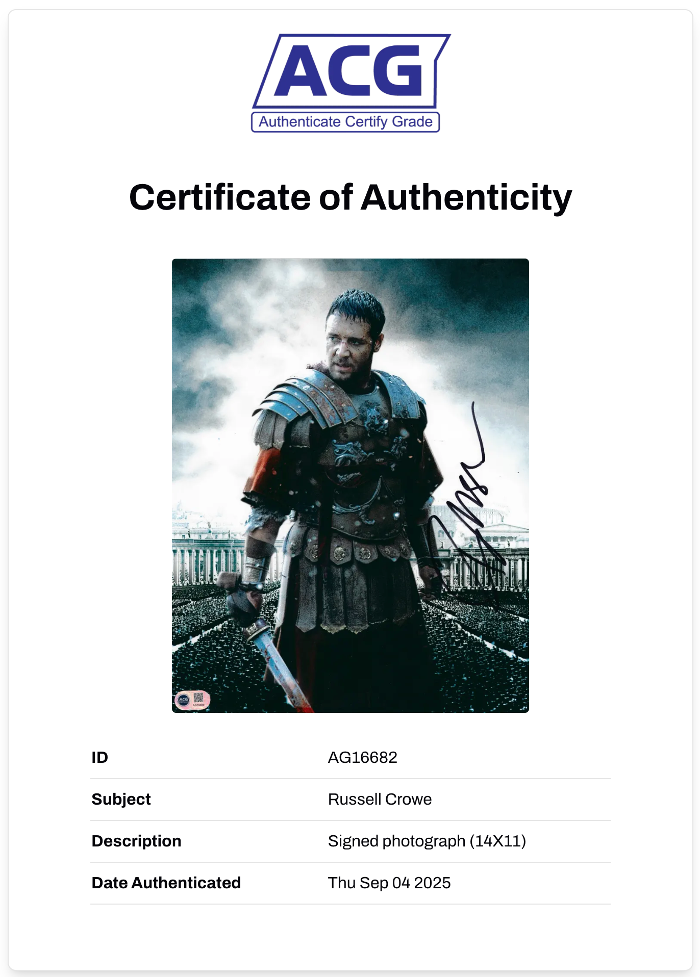 RUSSELL CROWE SIGNED 14x11 GLADIATOR MOVIE PHOTO (ACG CERT AG16682)