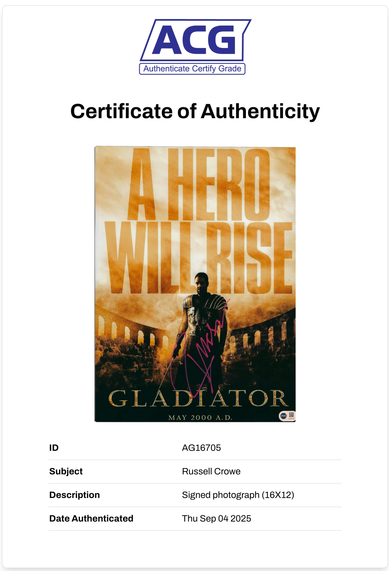 RUSSELL CROWE SIGNED 16x12 GLADIATOR MOVIE PHOTO (ACG CERT AG16705)