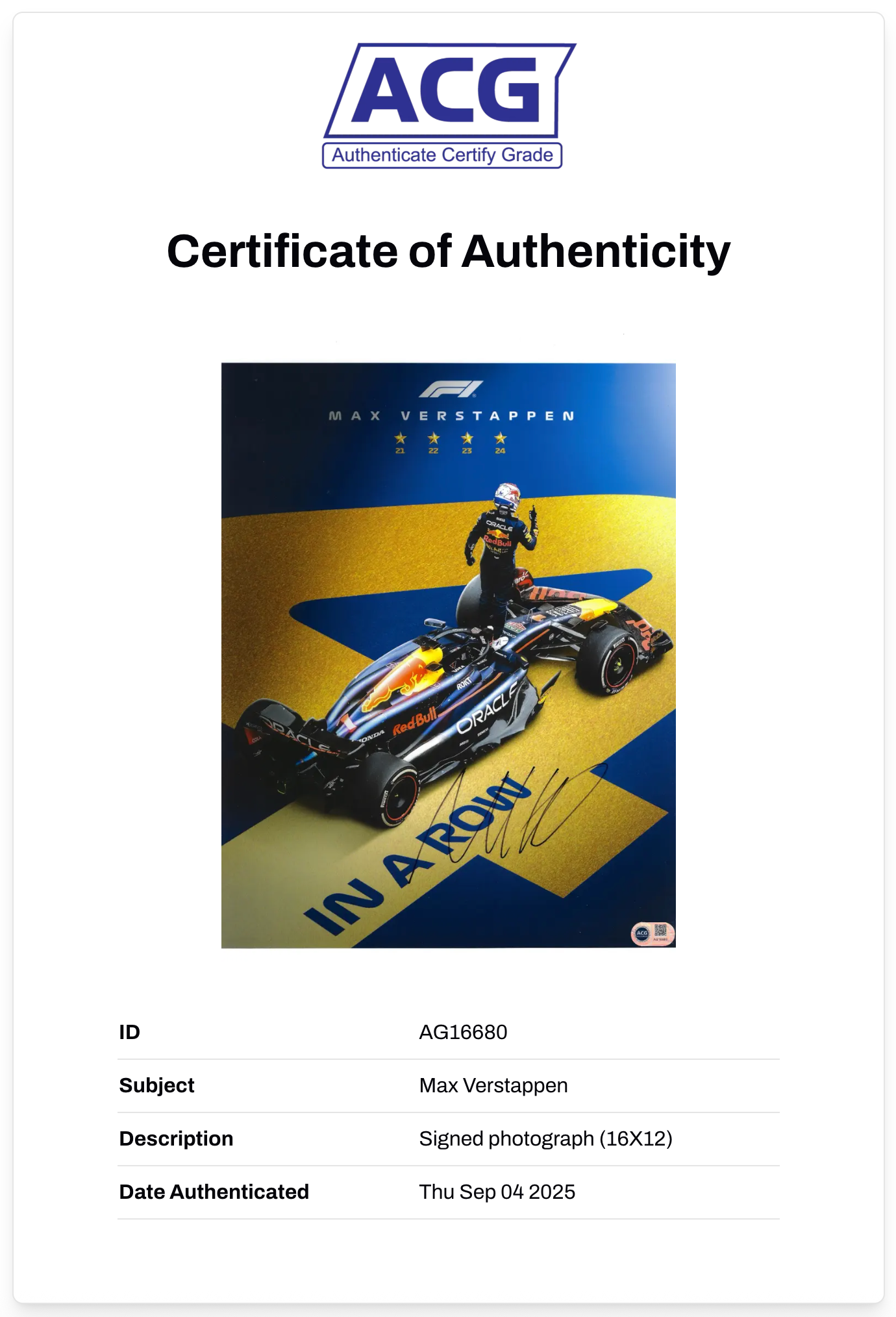 MAX VERSTAPPEN SIGNED RED BULL 16X12 PHOTO F1 CHAMPION (ACG CERT AG16680)