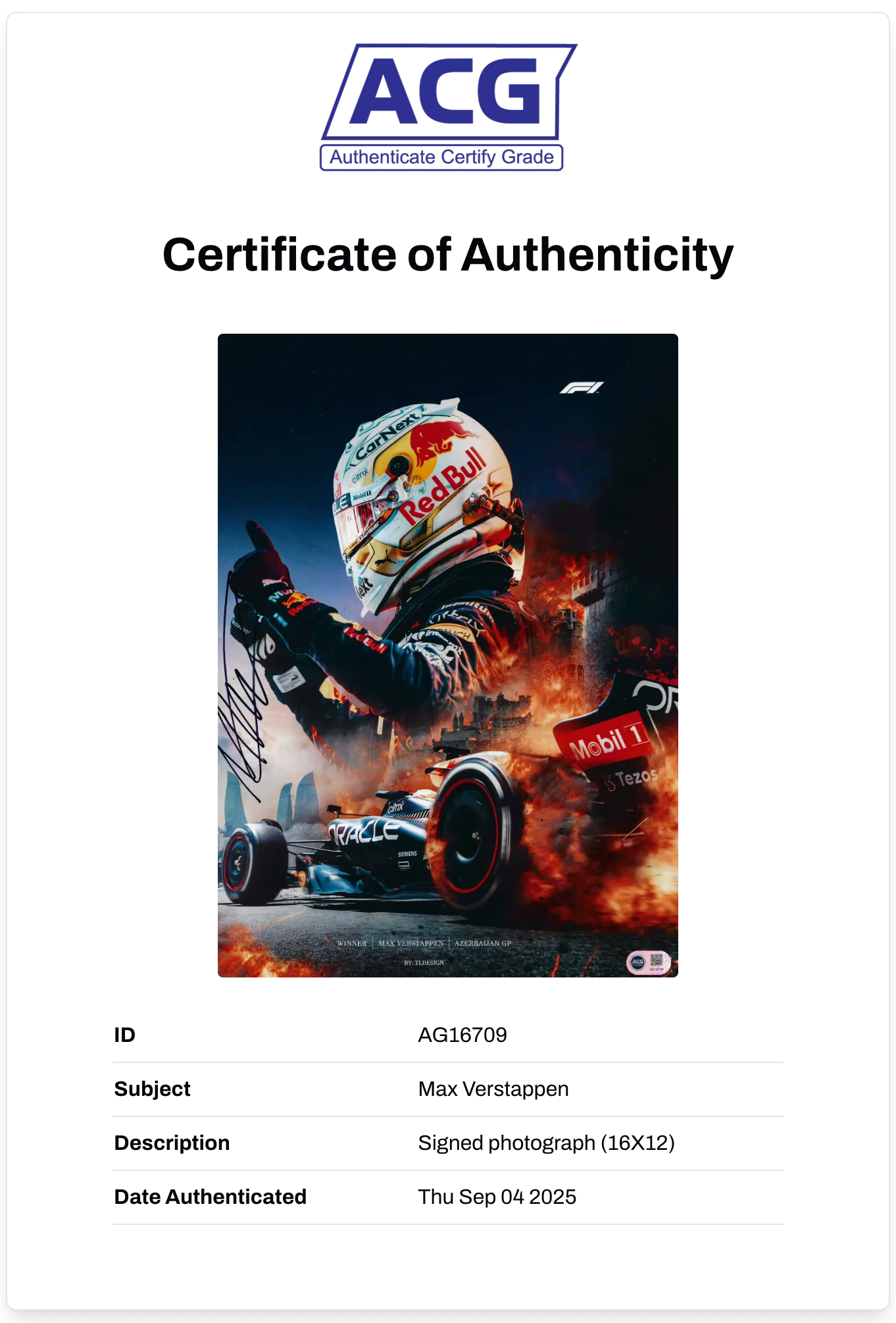 MAX VERSTAPPEN SIGNED RED BULL 16X12 PHOTO F1 CHAMPION (ACG CERT AG16709)