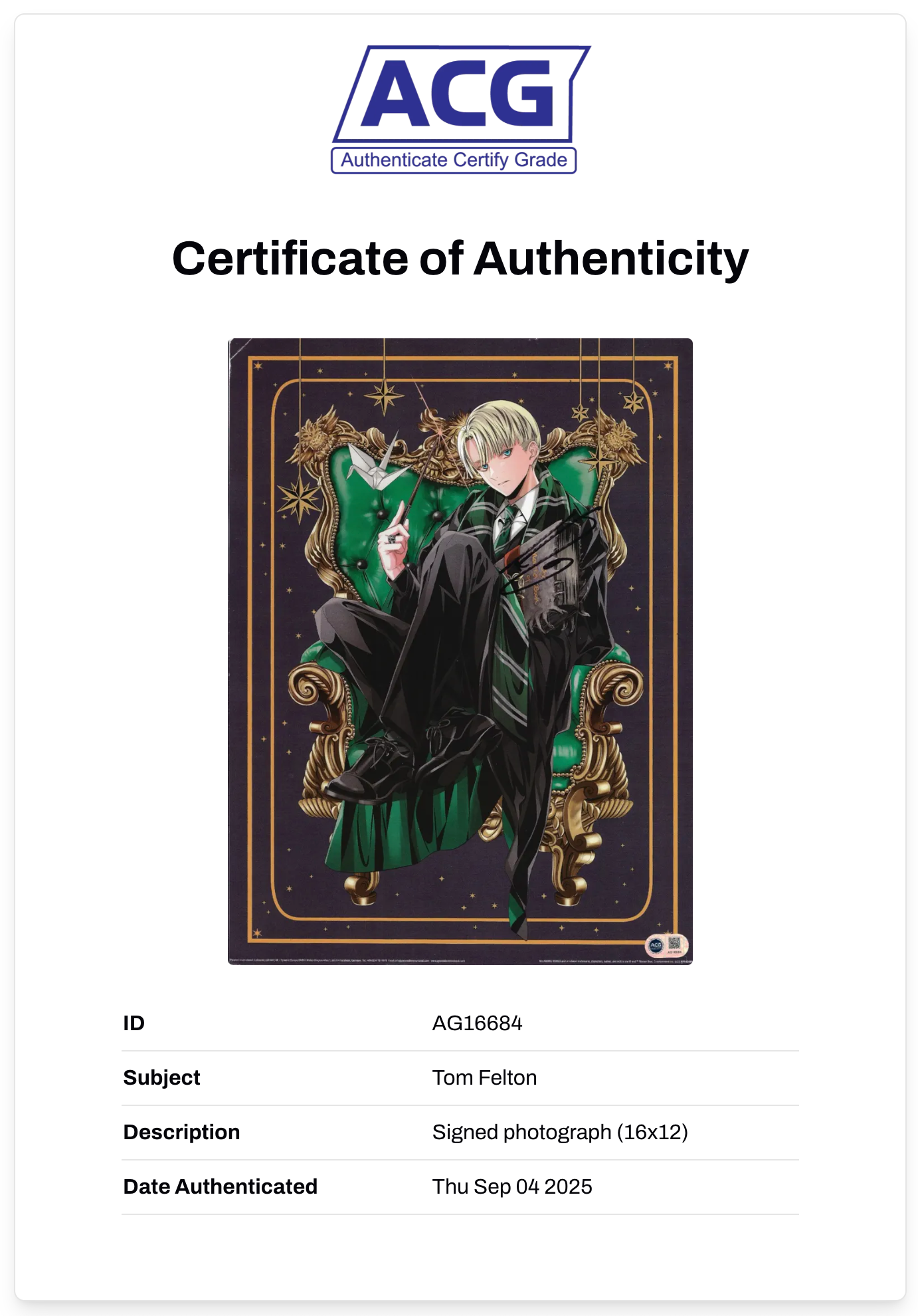 TOM FELTON SIGNED DRACO MALFOY HARRY POTTER 16x12 POSTER (ACG CERT AG16684)