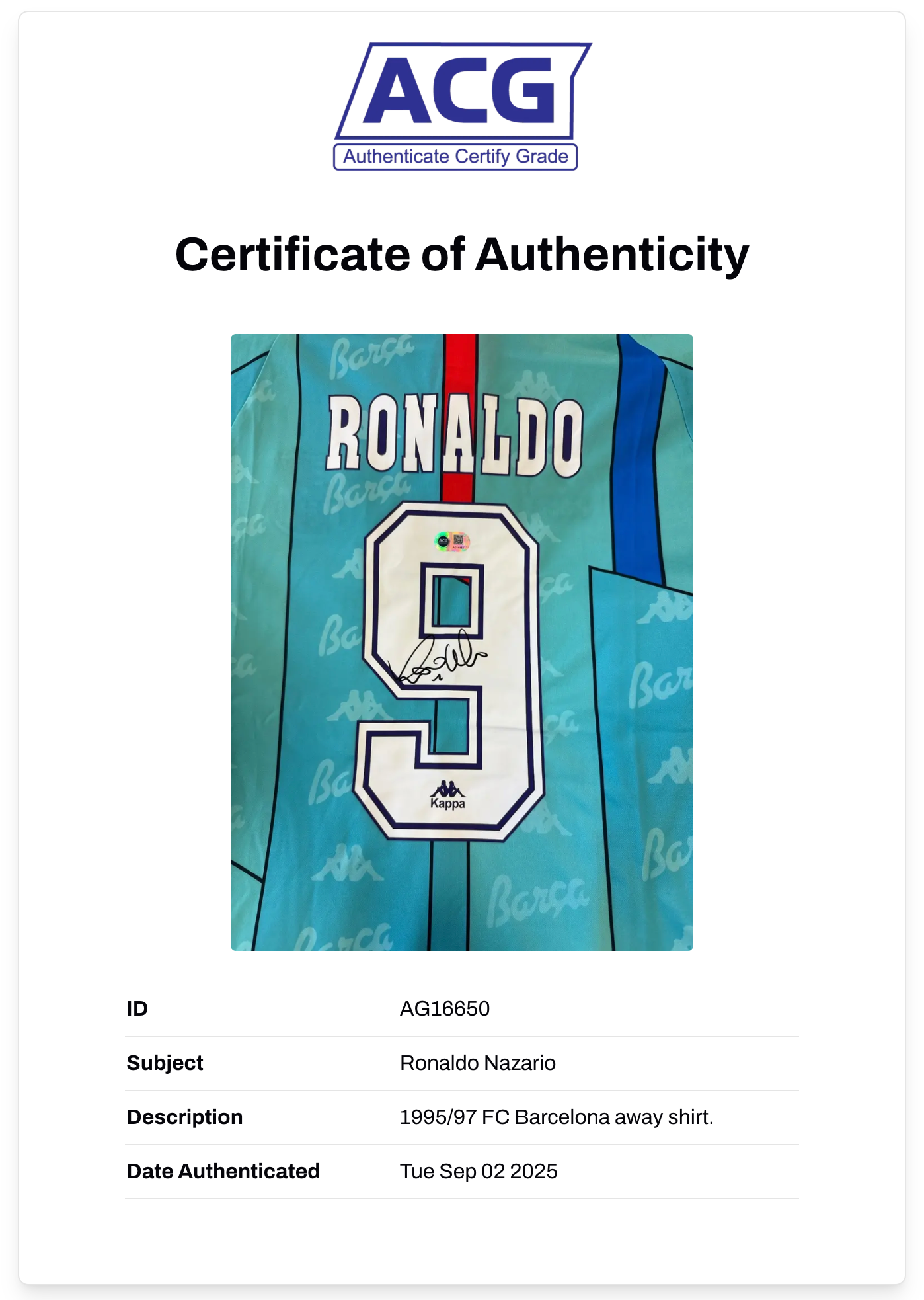 RONALDO NAZARIO SIGNED FC BARCELONA 95/97 AWAY SHIRT (ACG CERT AG16650)