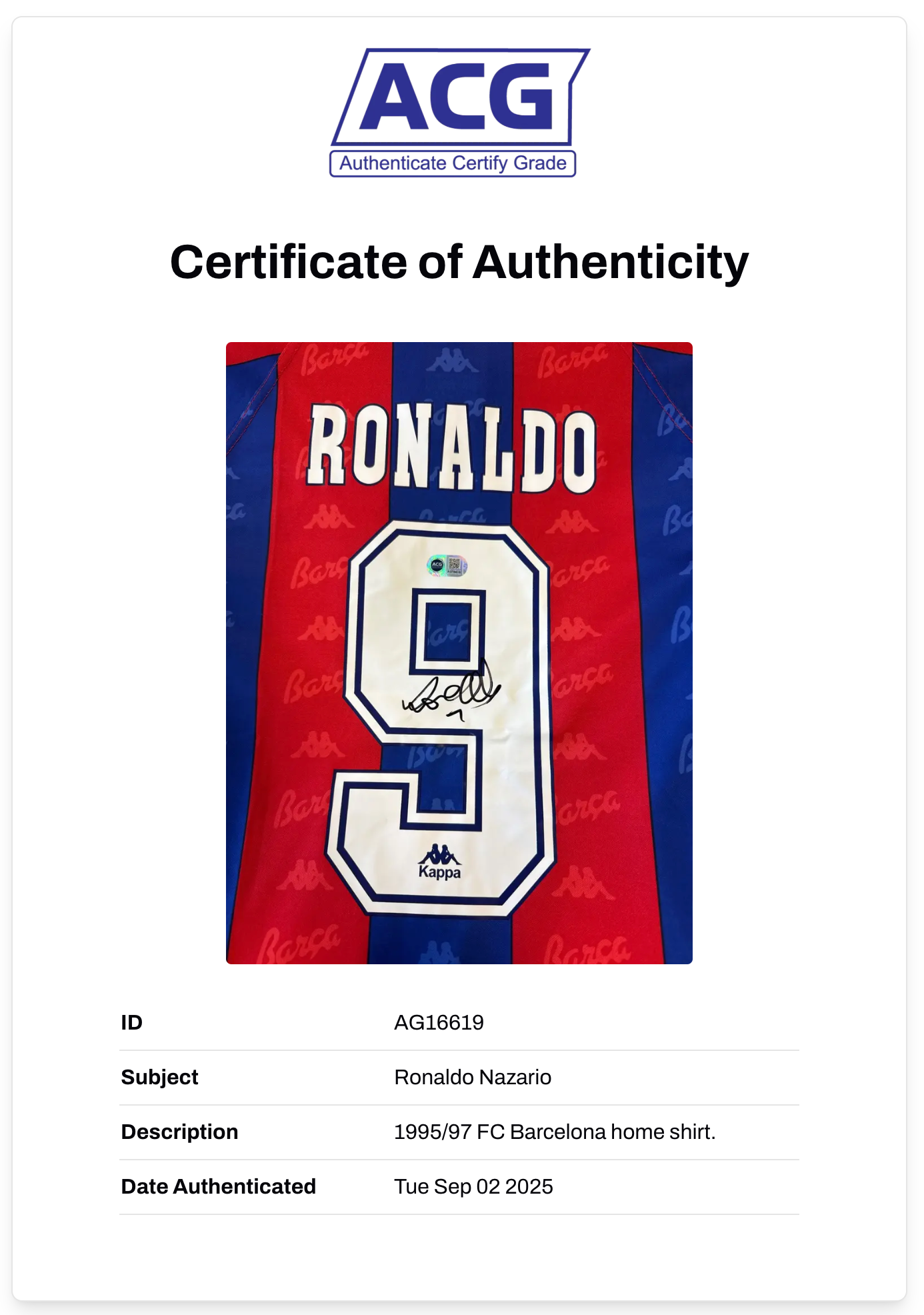RONALDO NAZARIO SIGNED FC BARCELONA 95/97 HOME SHIRT (ACG CERT AG16619)