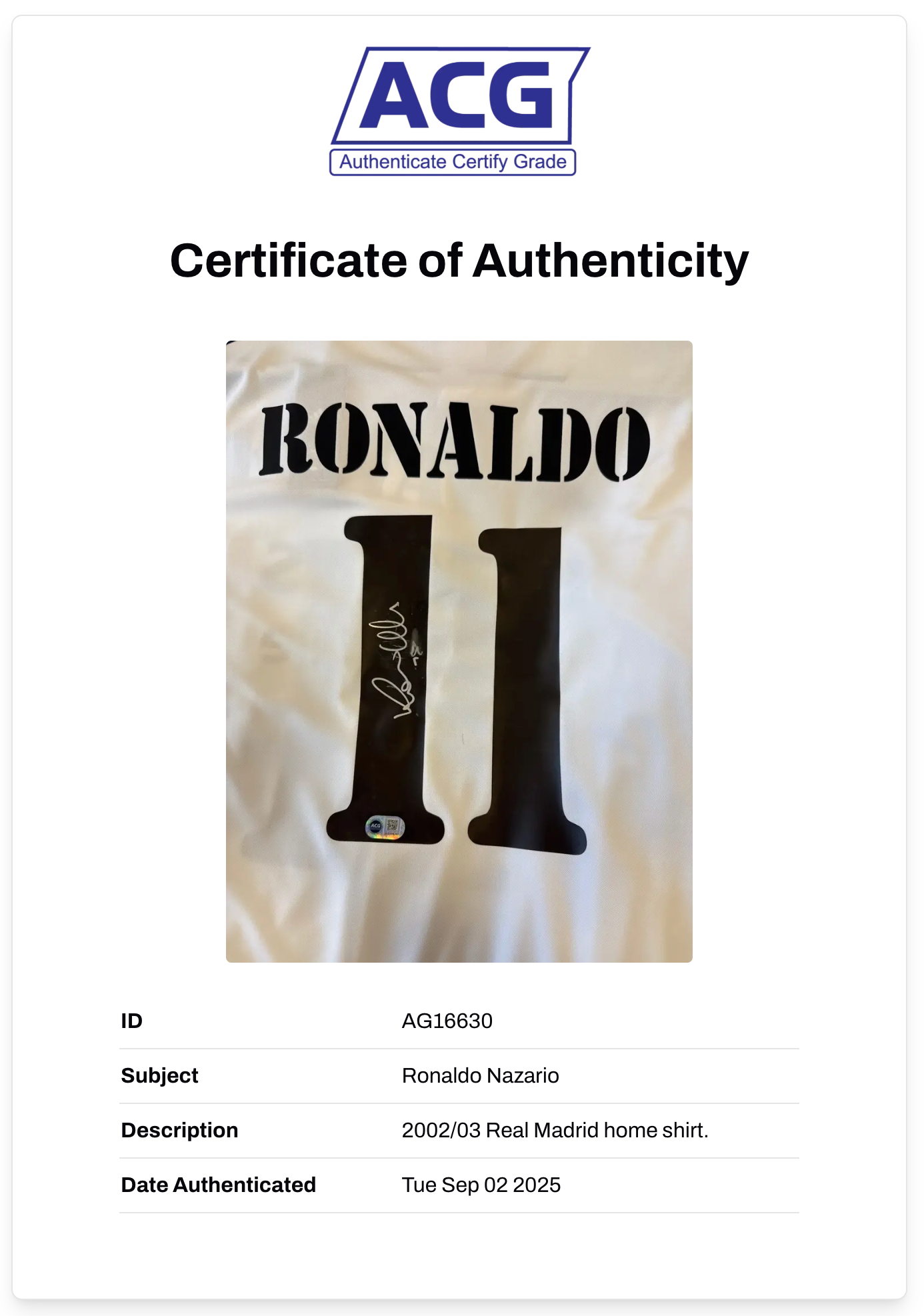 RONALDO NAZARIO SIGNED REAL MADRID 2002 HOME SHIRT (ACG CERT AG16630)