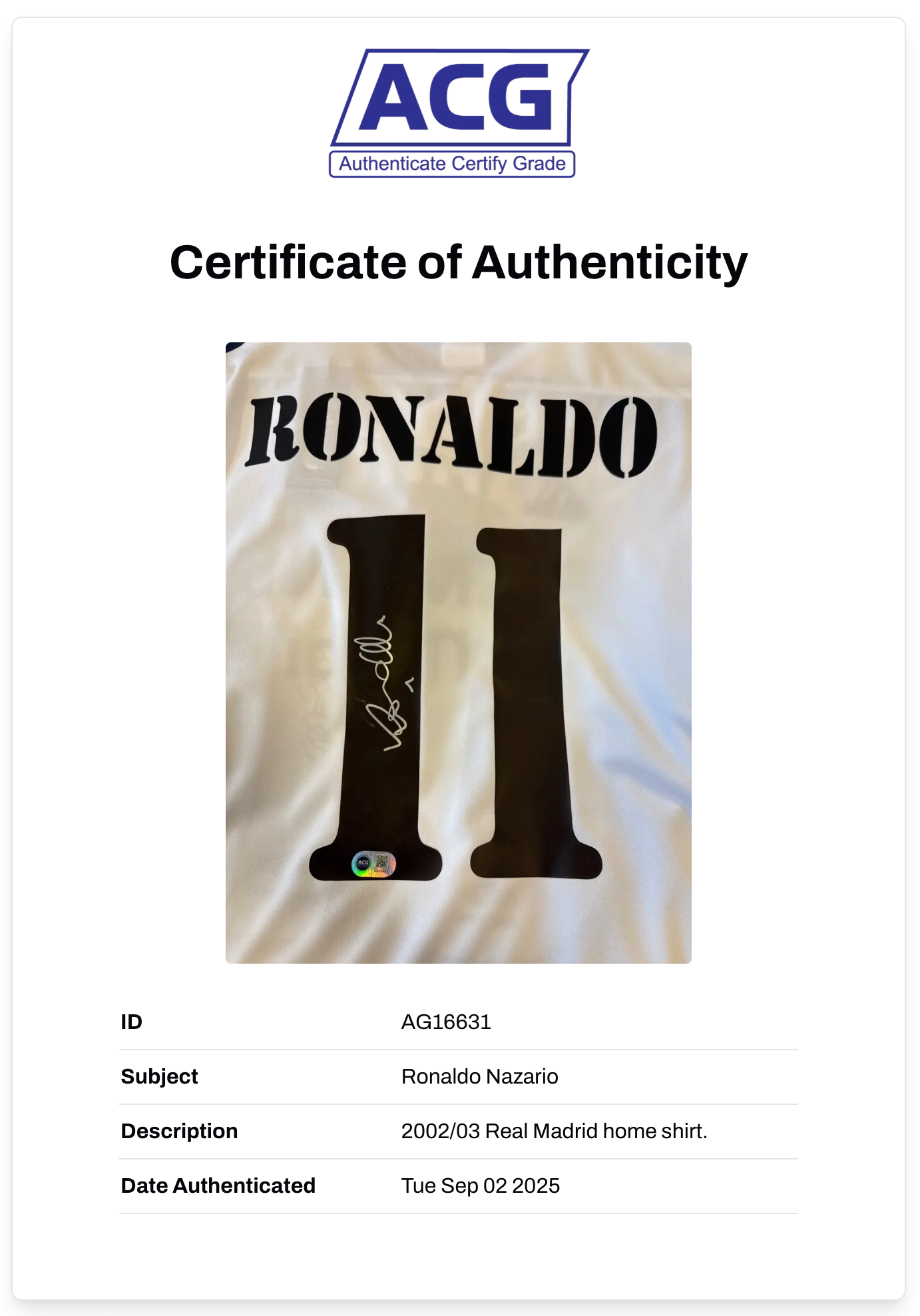 RONALDO NAZARIO SIGNED REAL MADRID 2002 HOME SHIRT (ACG CERT AG16631)