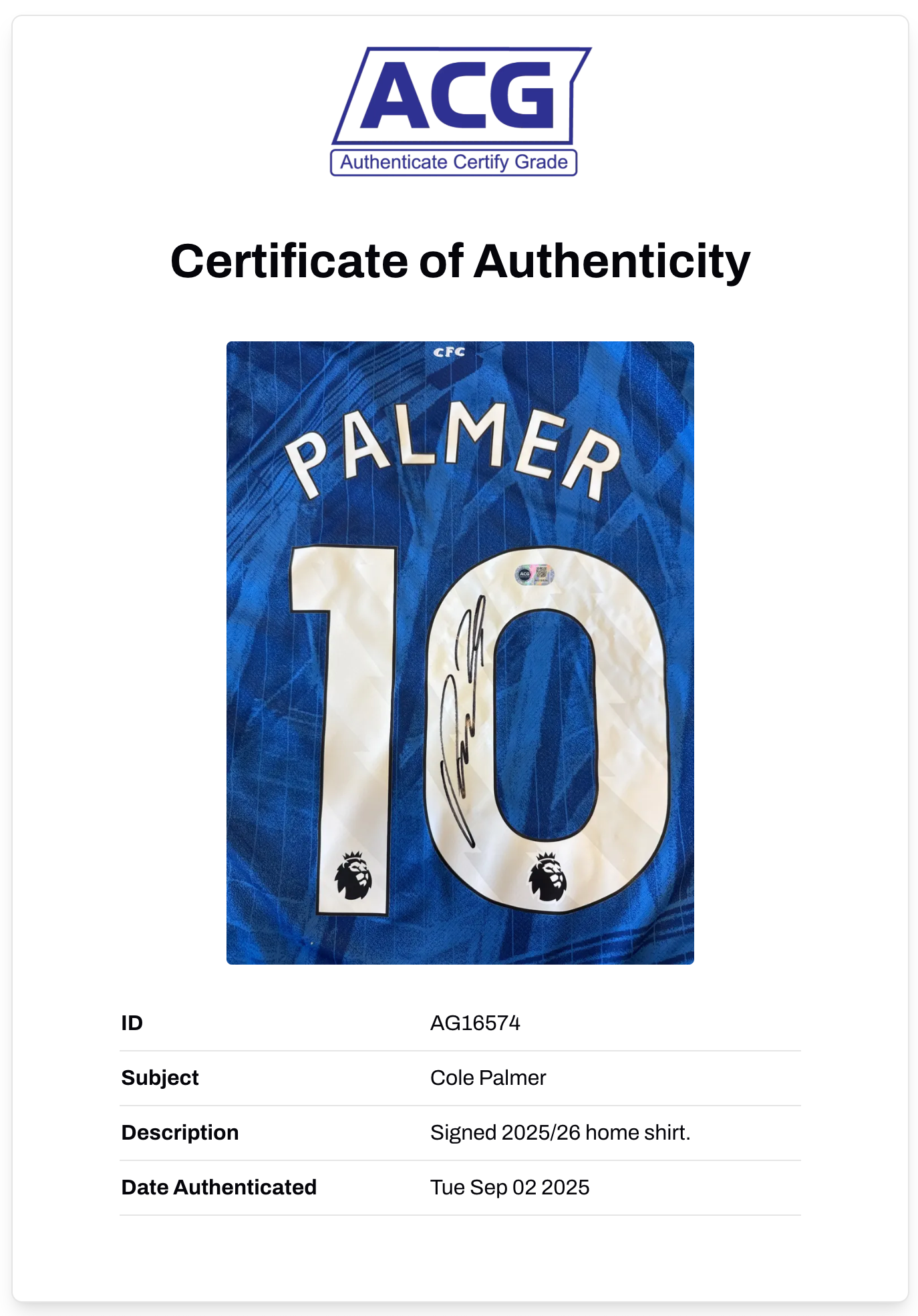COLE PALMER SIGNED CHELSEA FC 2025/26 HOME SHIRT (ACG CERT AG16574)