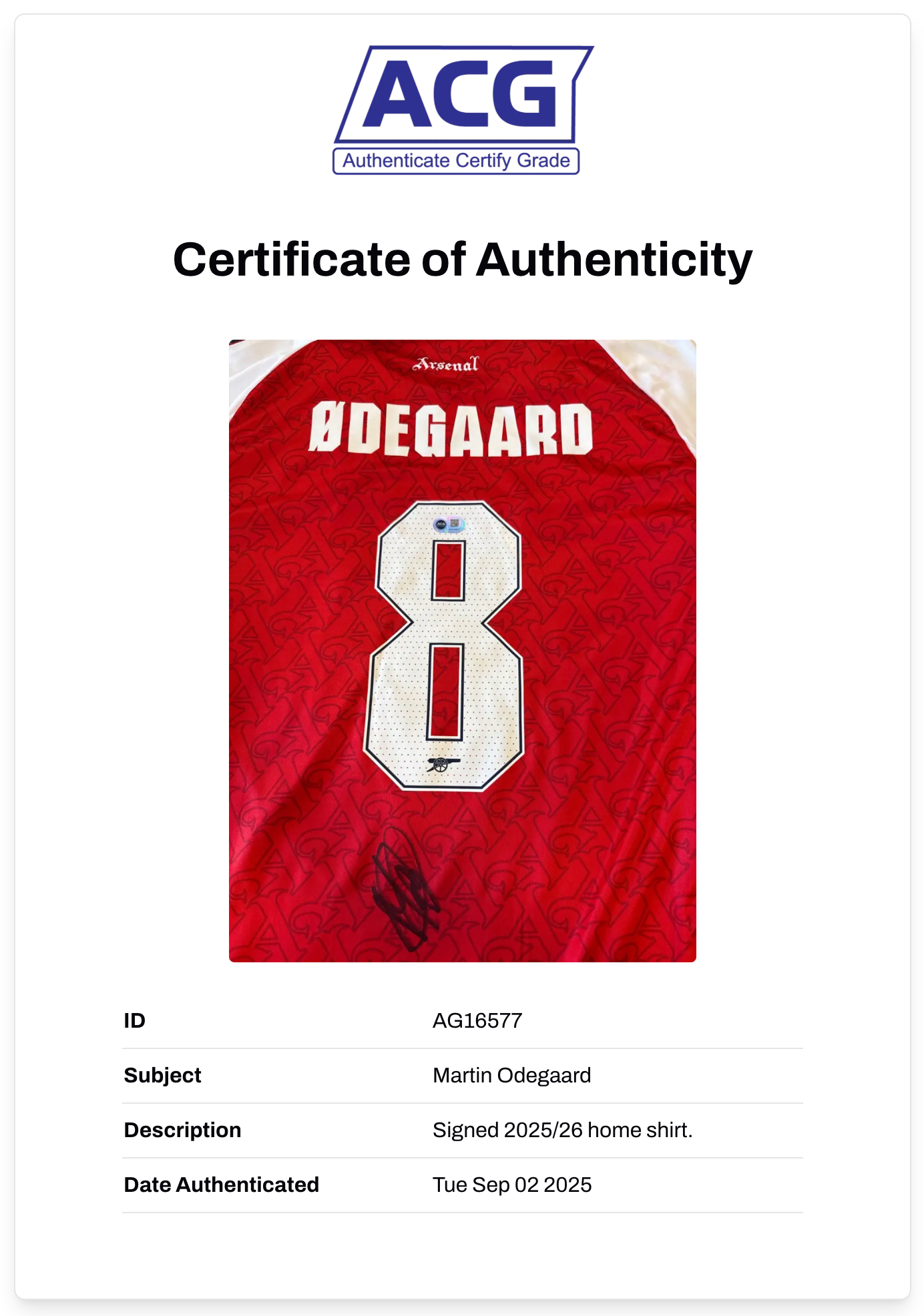 MARTIN ODEGAARD SIGNED ARSENAL FC 2025/26 HOME SHIRT (ACG CERT AG16577)