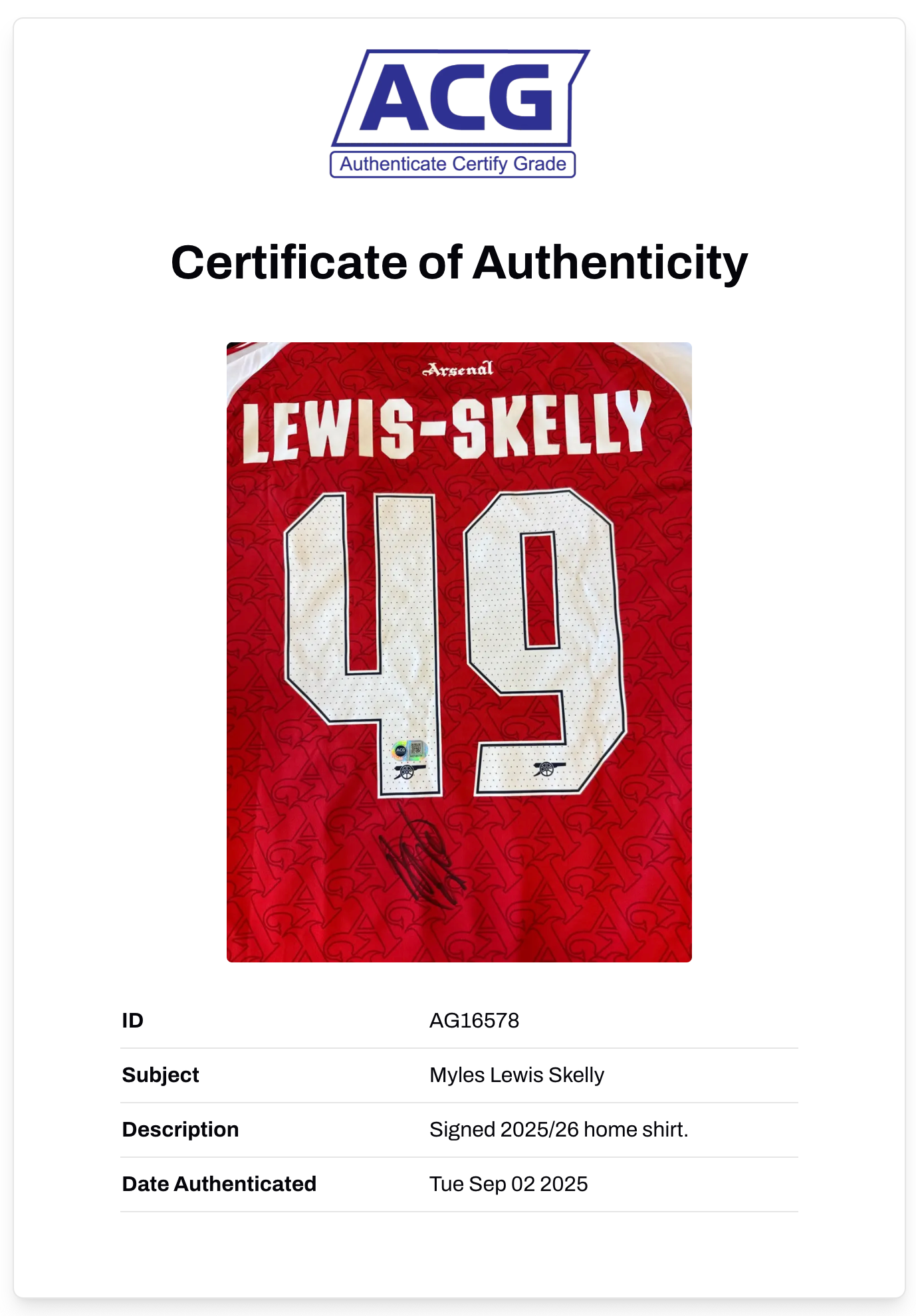 MYLES LEWIS-SKELLY SIGNED ARSENAL FC 2025/26 HOME SHIRT (ACG CERT AG16578)