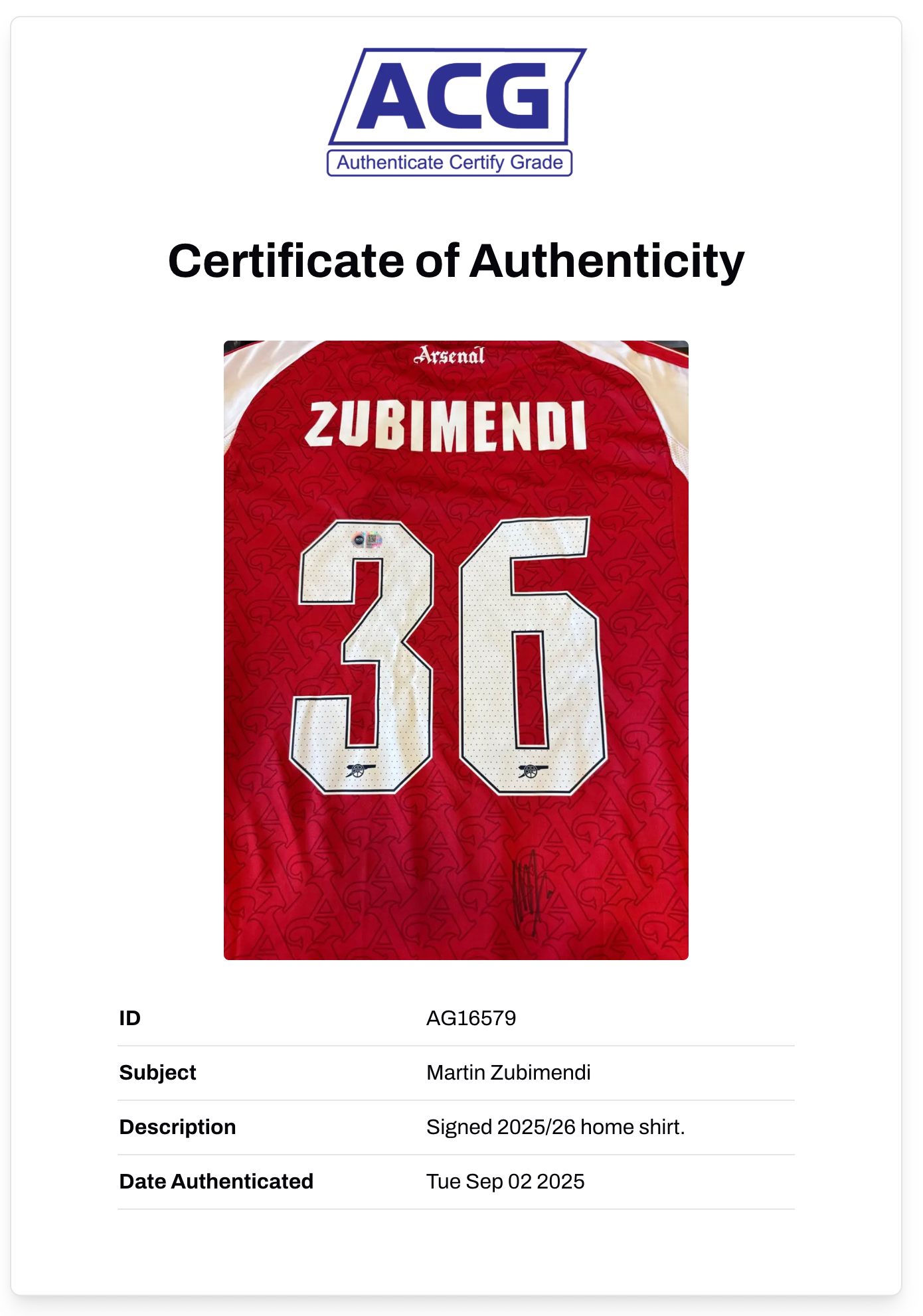 MARTIN ZUBIMENDI SIGNED ARSENAL FC 2025/26 HOME SHIRT (ACG CERT AG16579)