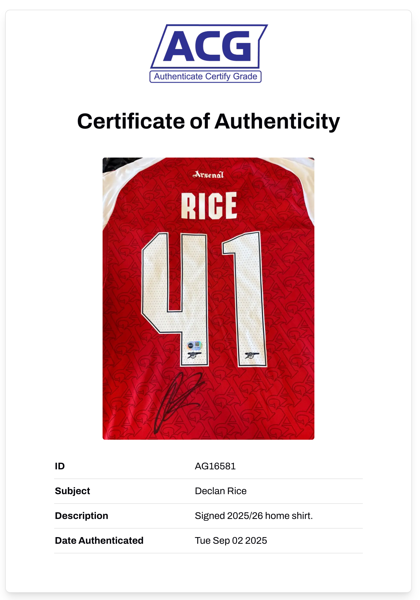 DECLAN RICE SIGNED ARSENAL FC 2025/26 HOME SHIRT (ACG CERT AG16581)