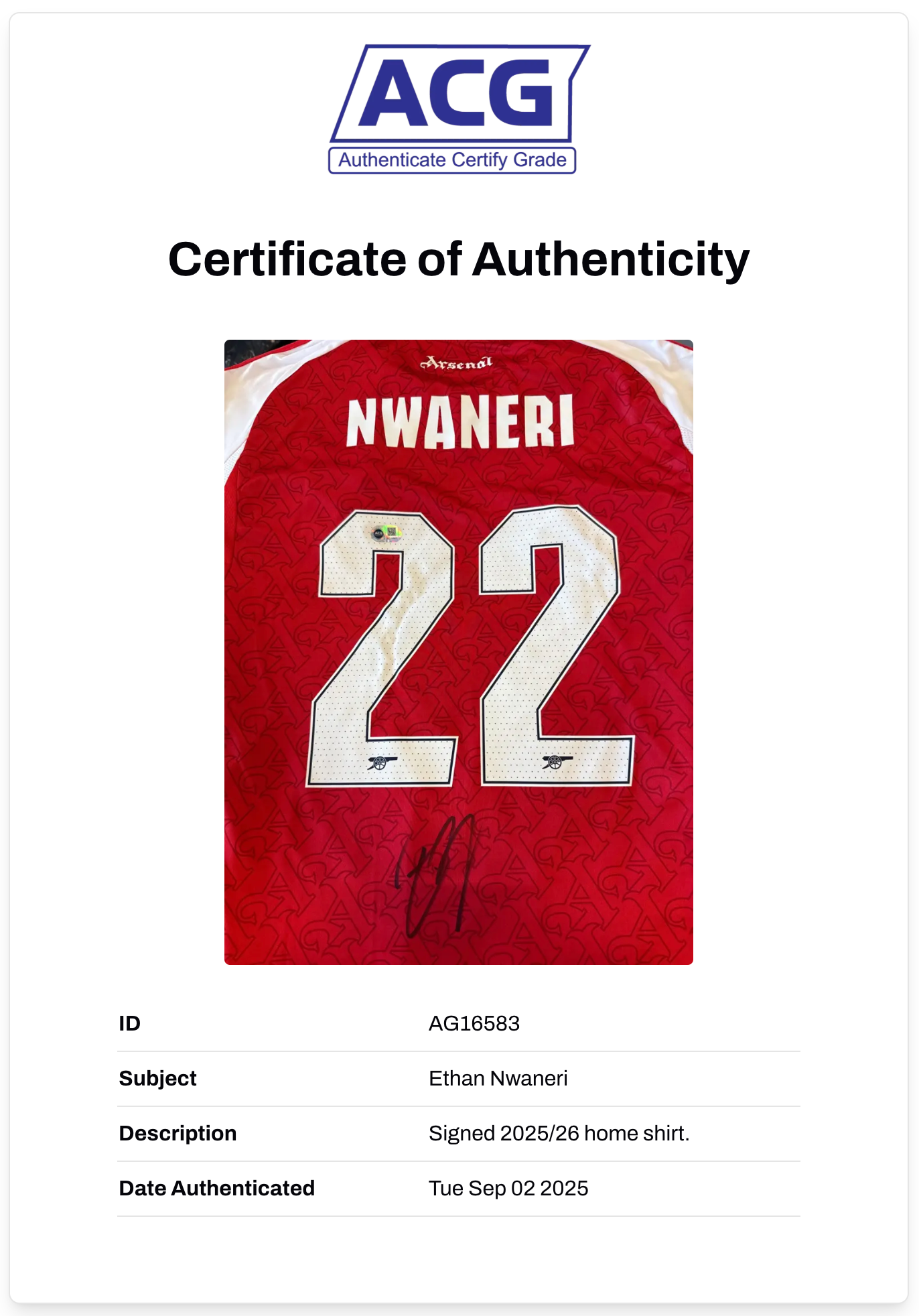 ETHAN NWANERI SIGNED ARSENAL FC 2025/26 HOME SHIRT (ACG CERT AG16583)