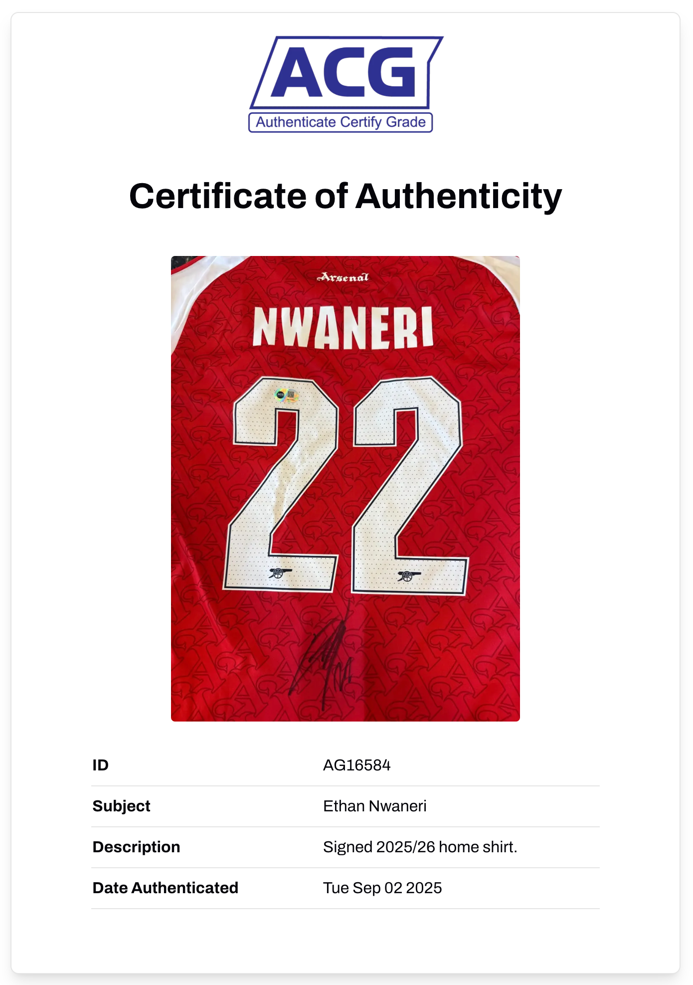 ETHAN NWANERI SIGNED ARSENAL FC 2025/26 HOME SHIRT (ACG CERT AG16584)