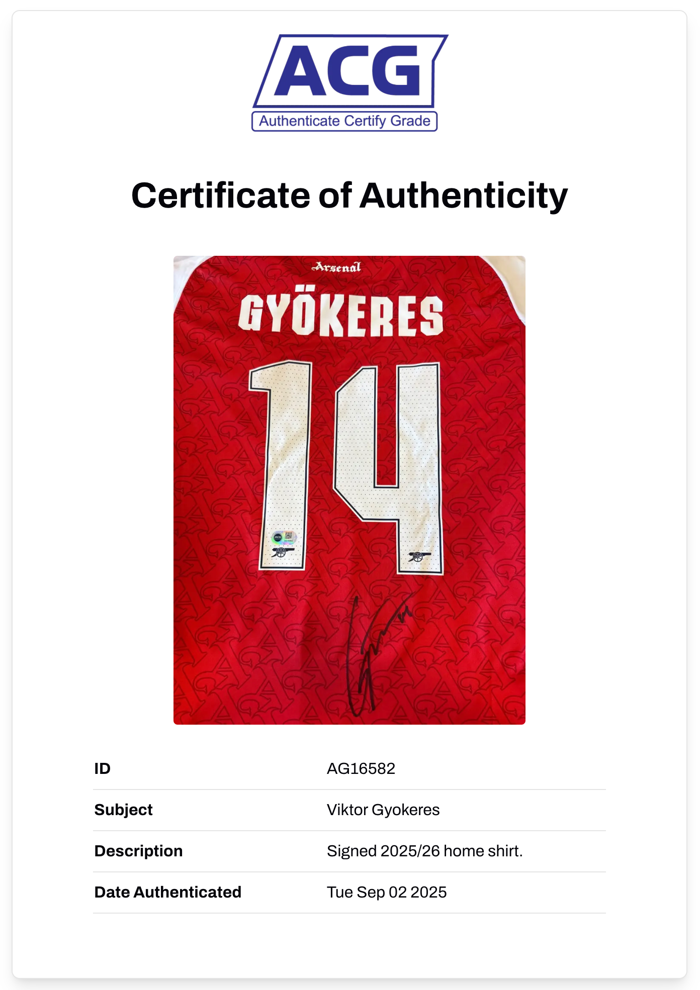 VIKTOR GYOKERES SIGNED ARSENAL FC 2025/26 HOME SHIRT (ACG CERT AG16582)