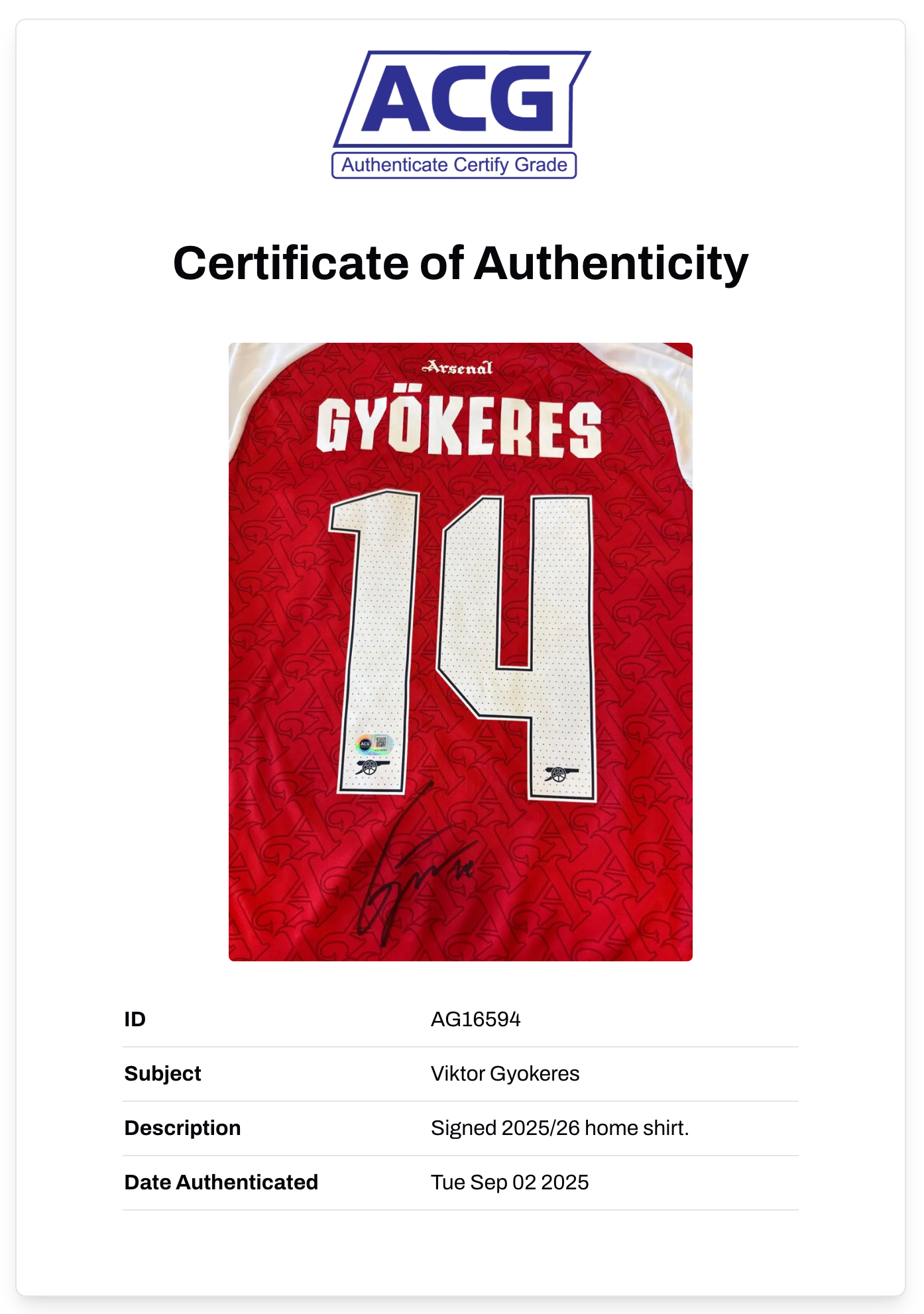 VIKTOR GYOKERES SIGNED ARSENAL FC 2025/26 HOME SHIRT (ACG CERT AG16594)