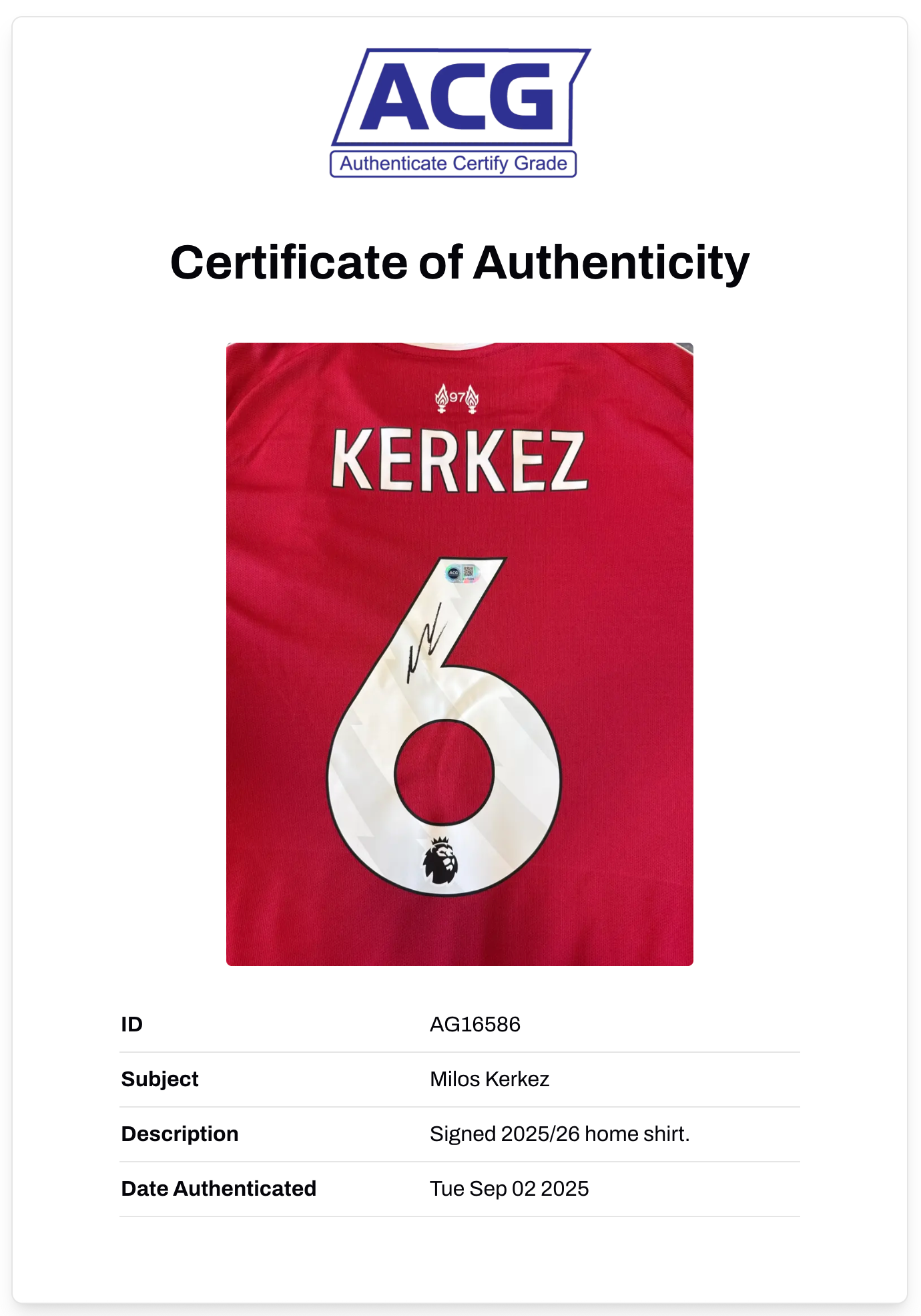 MILOS KERKEZ SIGNED LIVERPOOL FC 2025/26 HOME SHIRT (ACG CERT AG16586)