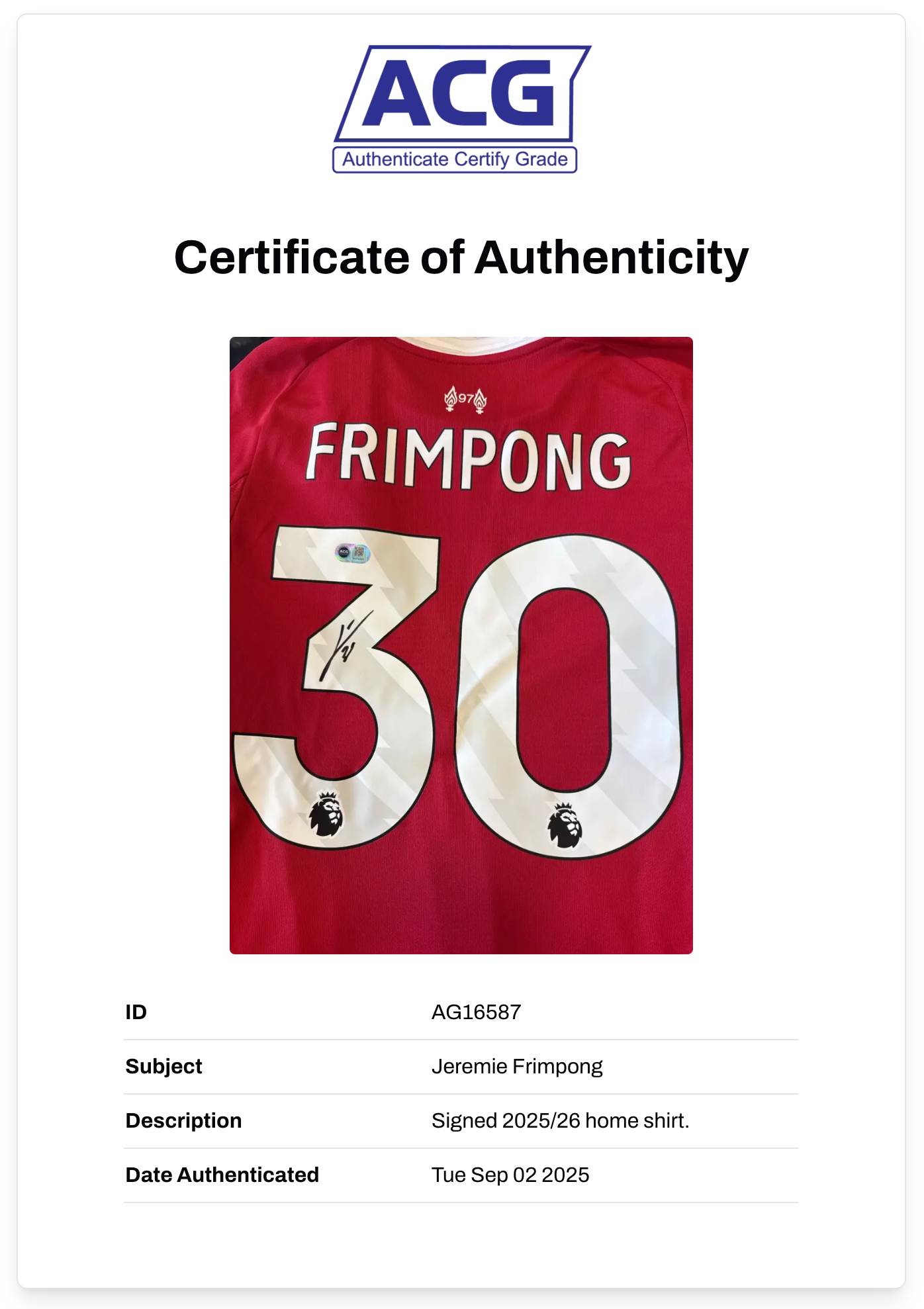 JEREMIE FRIMPONG SIGNED LIVERPOOL FC 2025/26 HOME SHIRT (ACG CERT AG16587)
