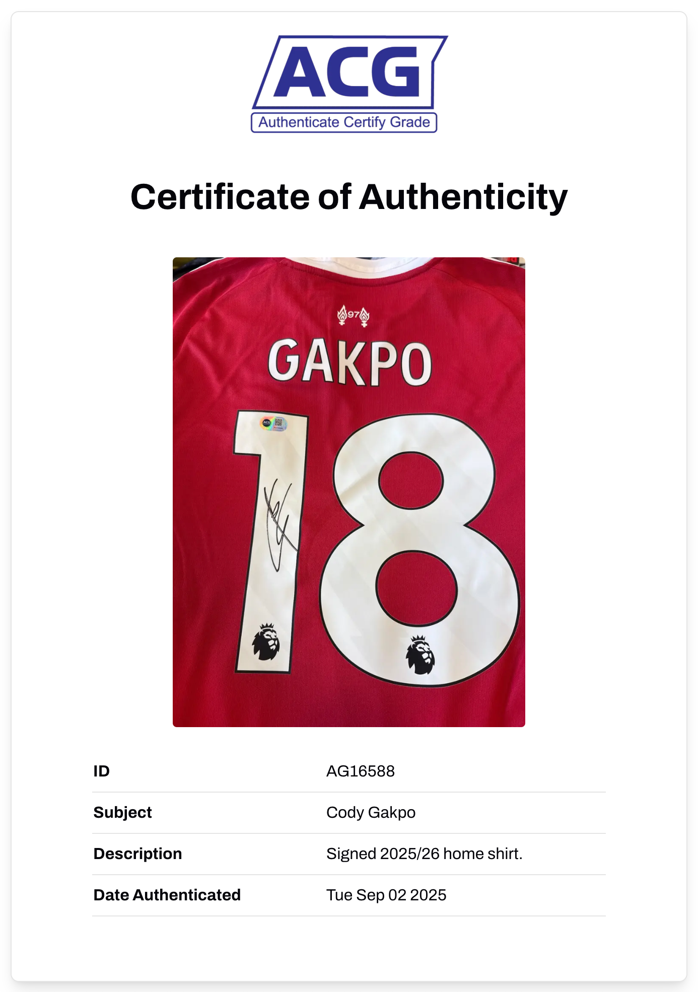 CODY GAKPO SIGNED LIVERPOOL FC 2025/26 HOME SHIRT (ACG CERT AG16588)