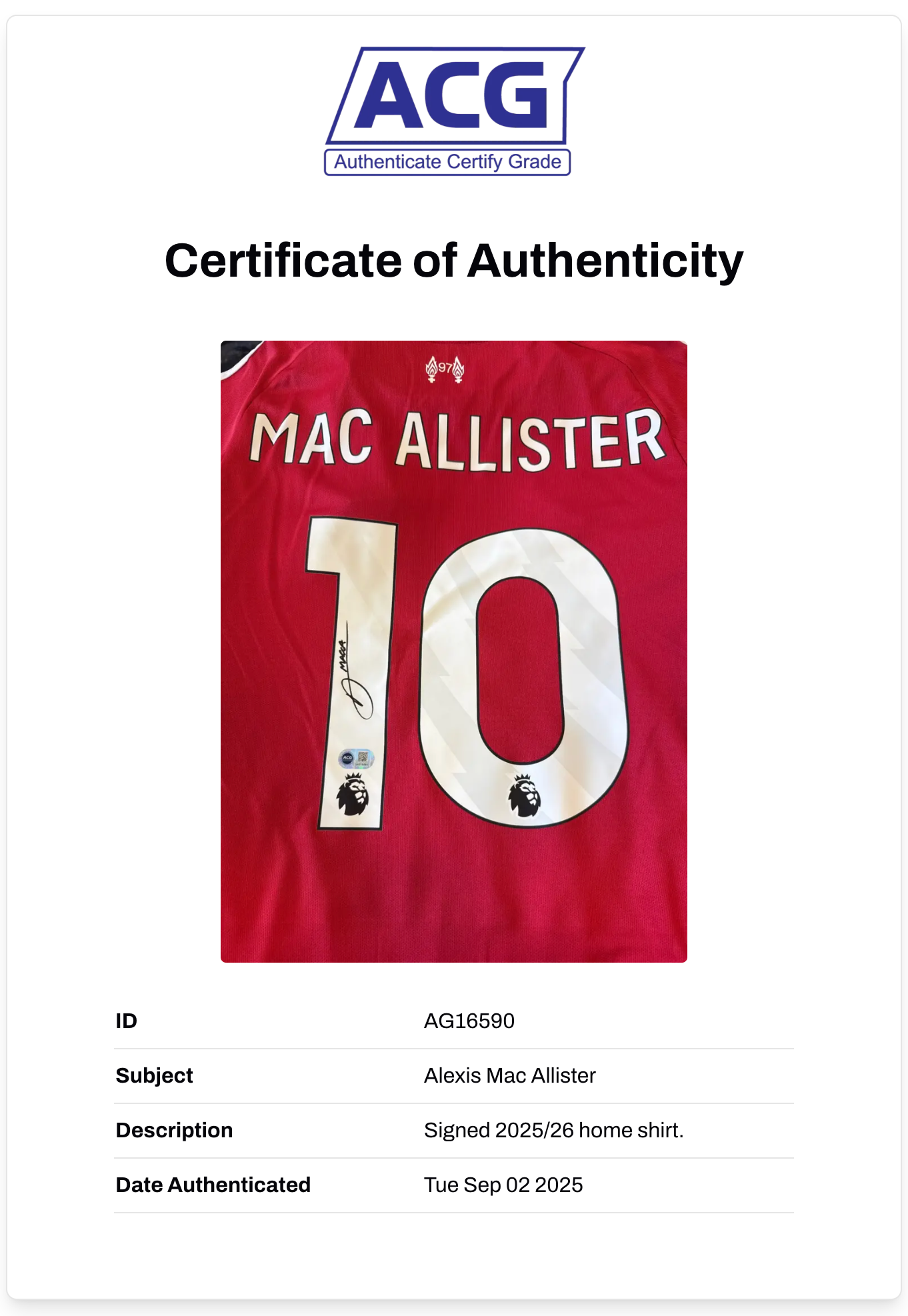 ALEXIS MAC ALLISTER SIGNED 2025/26 LIVERPOOL FC HOME SHIRT (ACG CERT AG16590)