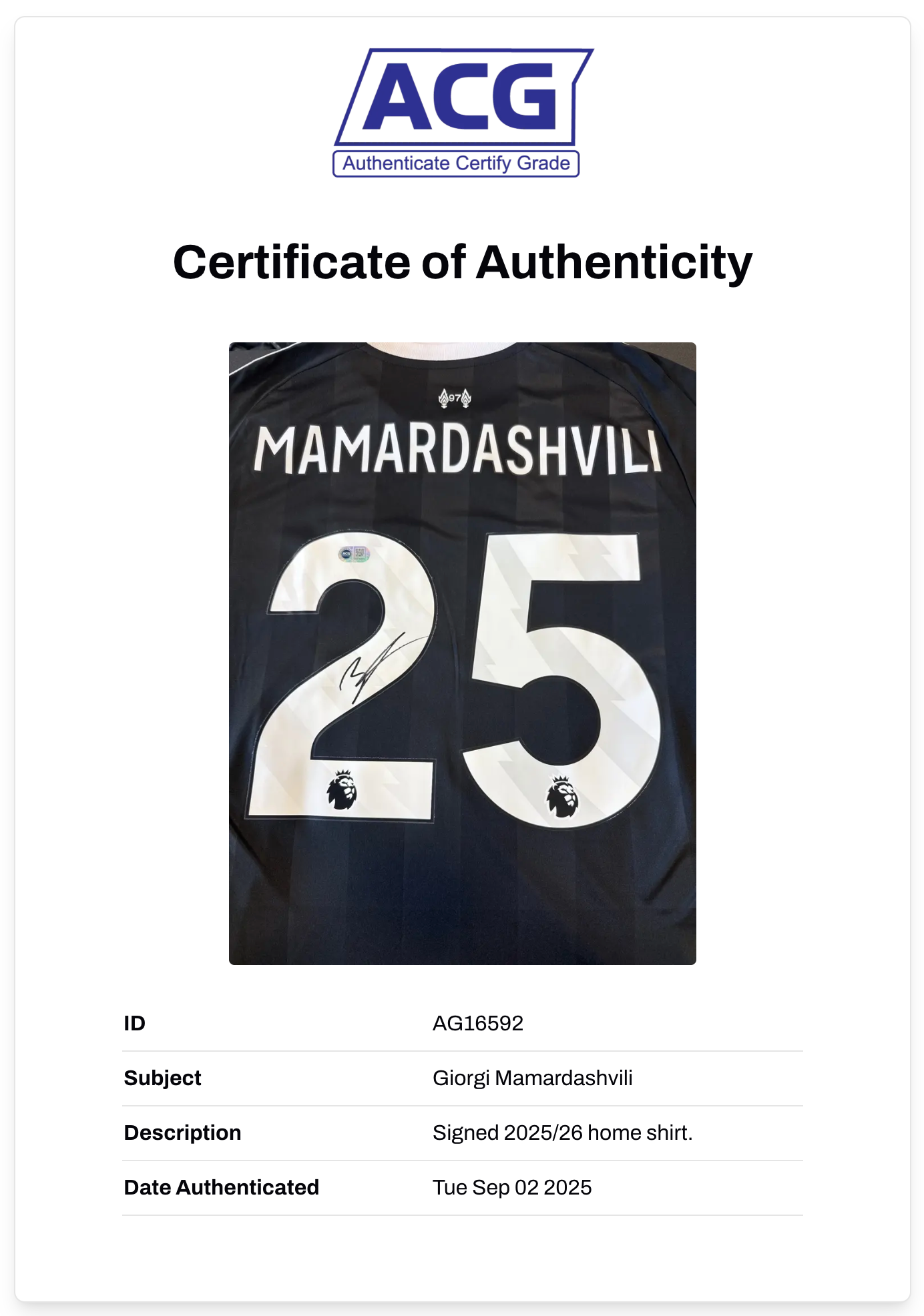 GIORGI MAMARDASHVILI SIGNED 2025/26 LIVERPOOL FC GOALKEEPER SHIRT (ACG CERT AG16592)