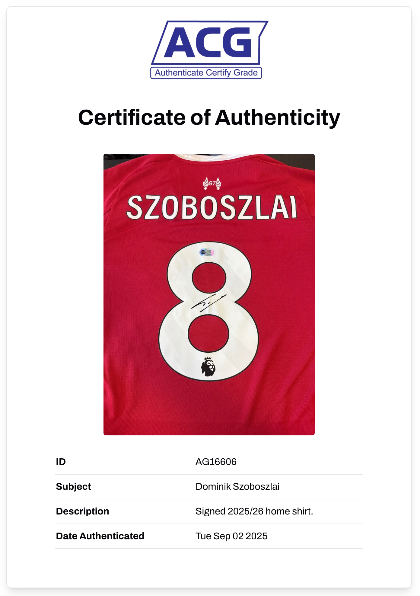 DOMINIK SZOBOSZLAI SIGNED 2025/26 LIVERPOOL FC HOME SHIRT (ACG CERT AG16608)