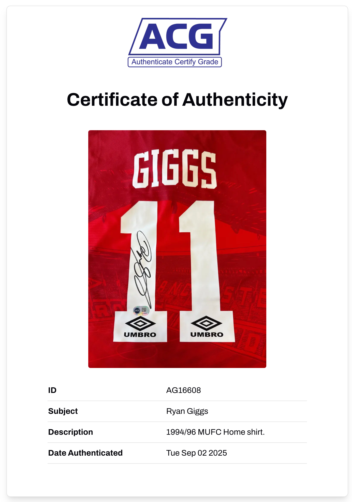 RYAN GIGGS SIGNED MANCHESTER UNITED 1994/96 HOME SHIRT (ACG CERT AG16608)