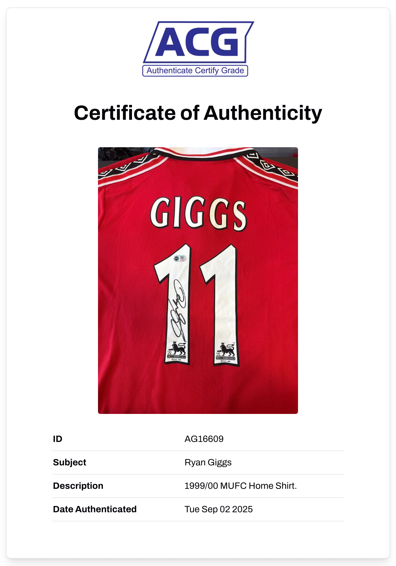 RYAN GIGGS SIGNED MANCHESTER UNITED 1998/00 HOME SHIRT (ACG CERT AG16609)