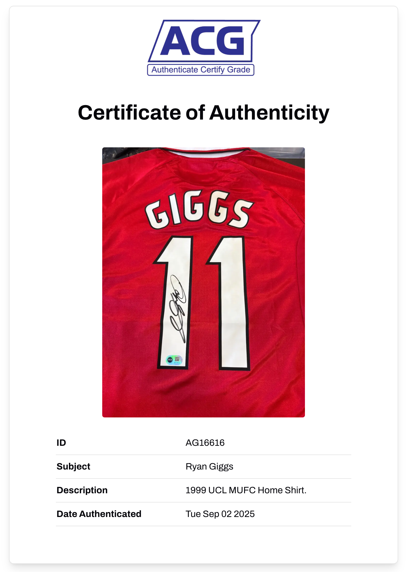 RYAN GIGGS SIGNED MANCHESTER UNITED 1999 UCL HOME SHIRT (ACG CERT AG16616)