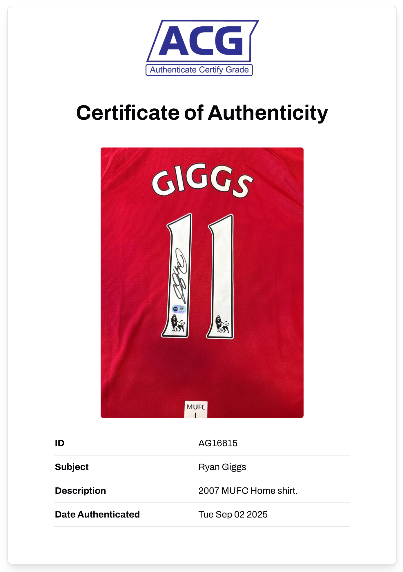 RYAN GIGGS SIGNED MANCHESTER UNITED 2007/08 HOME SHIRT (ACG CERT AG16615)