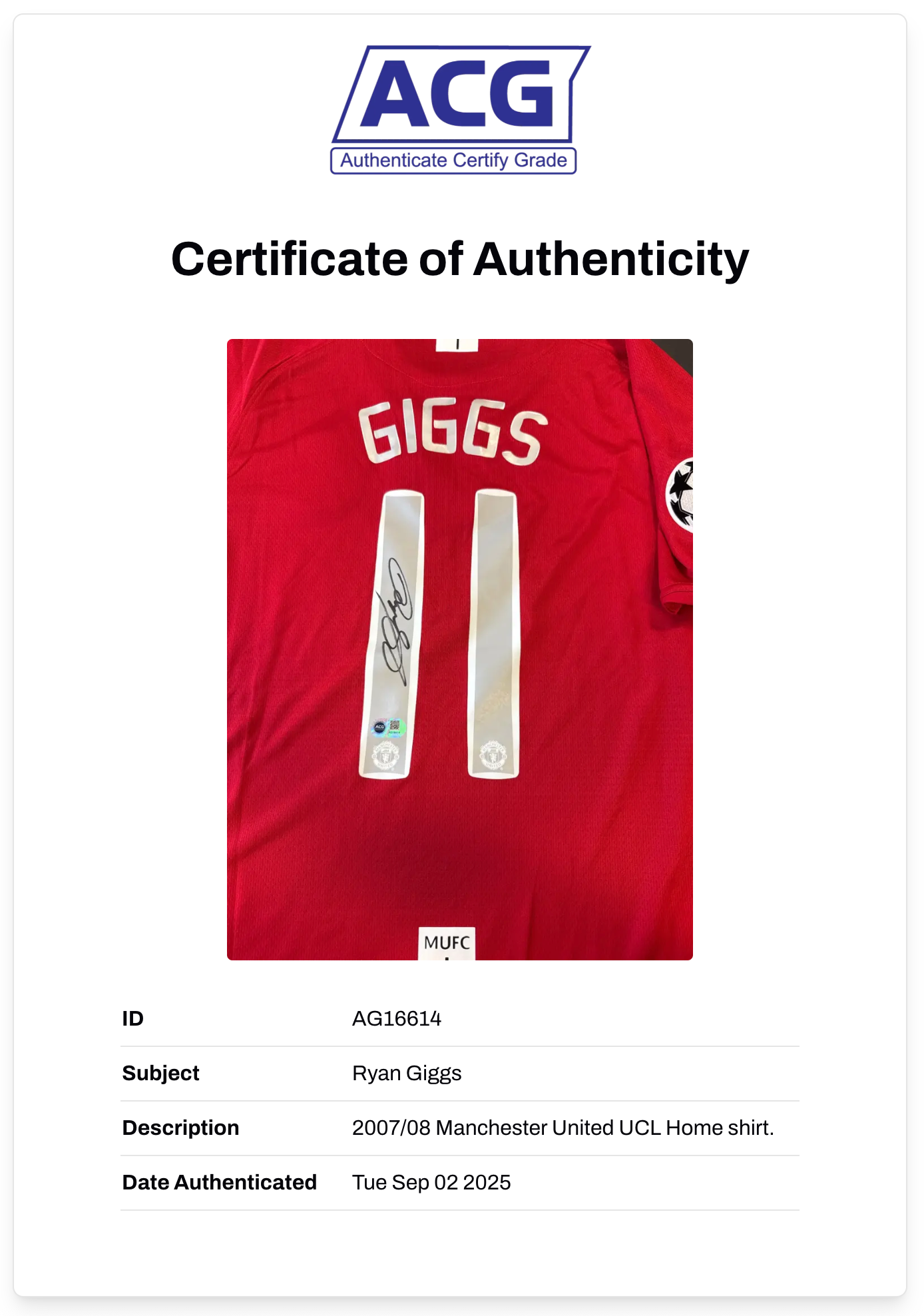 RYAN GIGGS SIGNED MANCHESTER UNITED 2007 UCL MOSCOW SHIRT (ACG CERT AG16614)