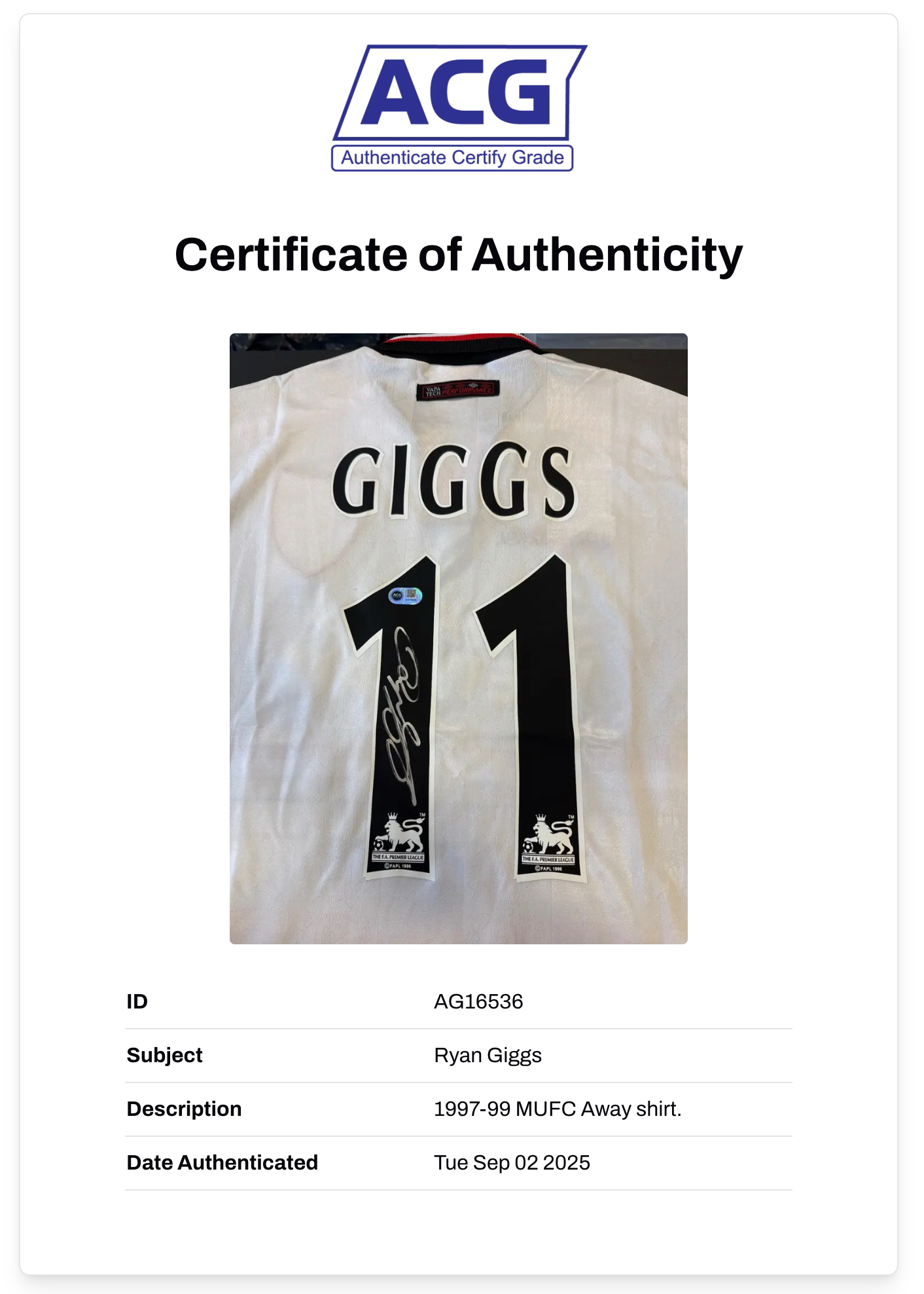 RYAN GIGGS SIGNED MANCHESTER UNITED 1997/99 AWAY SHIRT (ACG CERT AG16536)