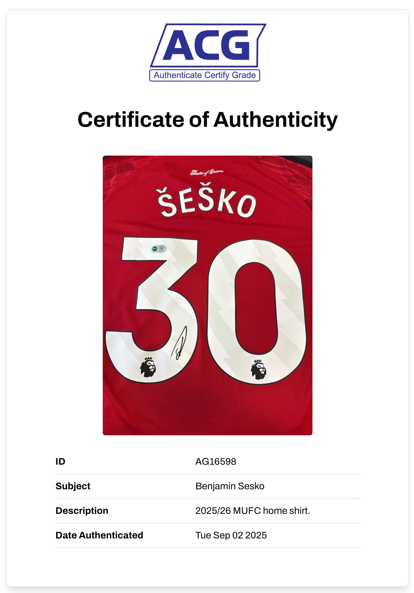 BENJAMIN SESKO SIGNED MANCHESTER UNITED 2025/26 HOME SHIRT (ACG CERT AG16598)