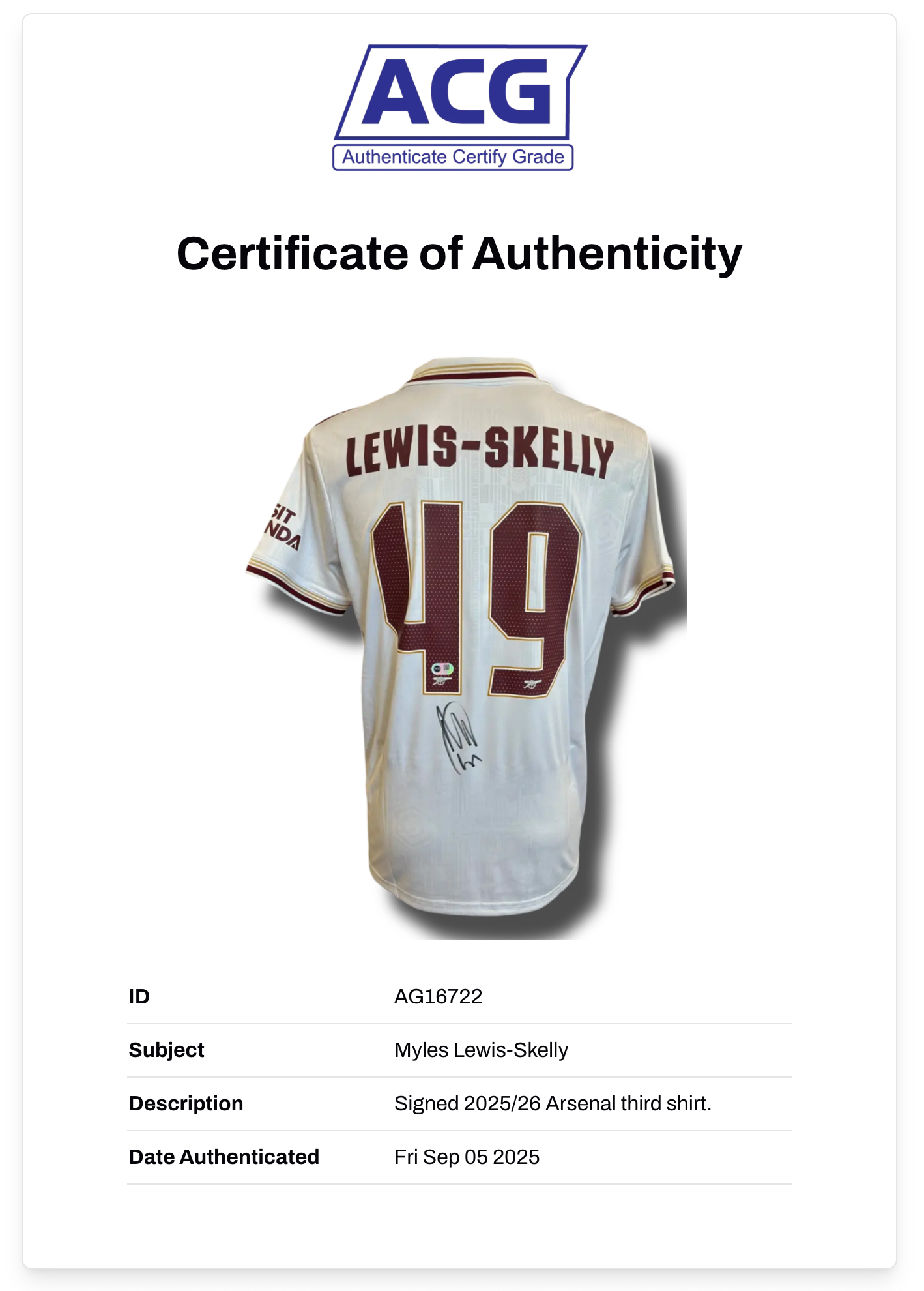 MYLES LEWIS-SKELLY SIGNED ARSENAL FC 2025/26 THIRD SHIRT (ACG CERT AG16722)