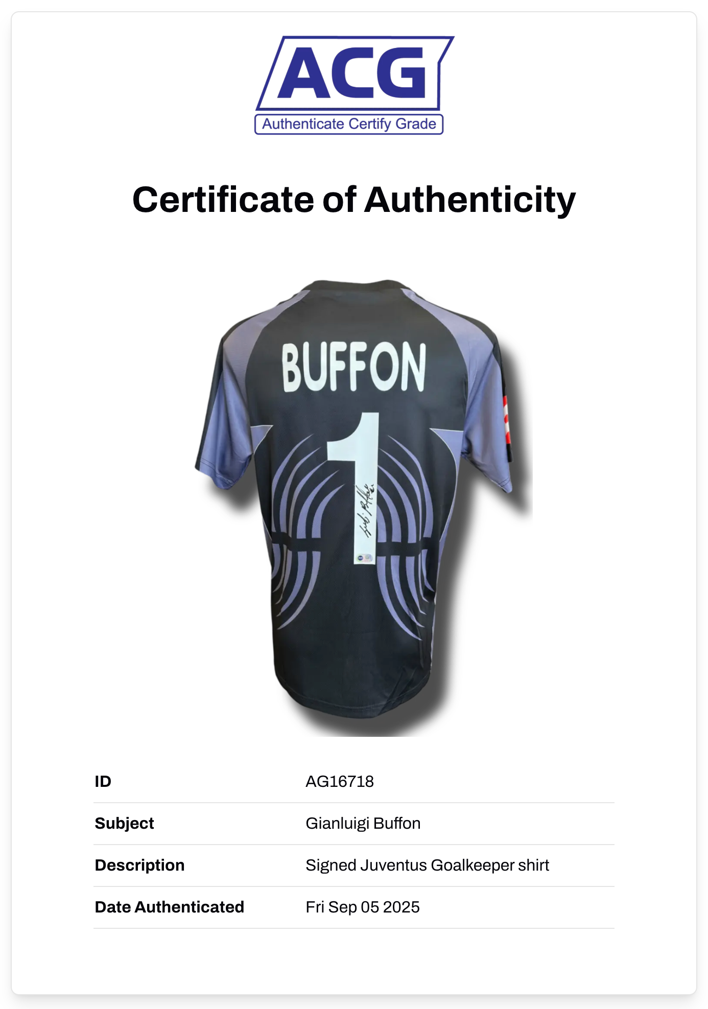 GIANLUIGI BUFFON SIGNED 2001/02 JUVENTUS GOALKEEPER SHIRT (ACG CERT AG16718)