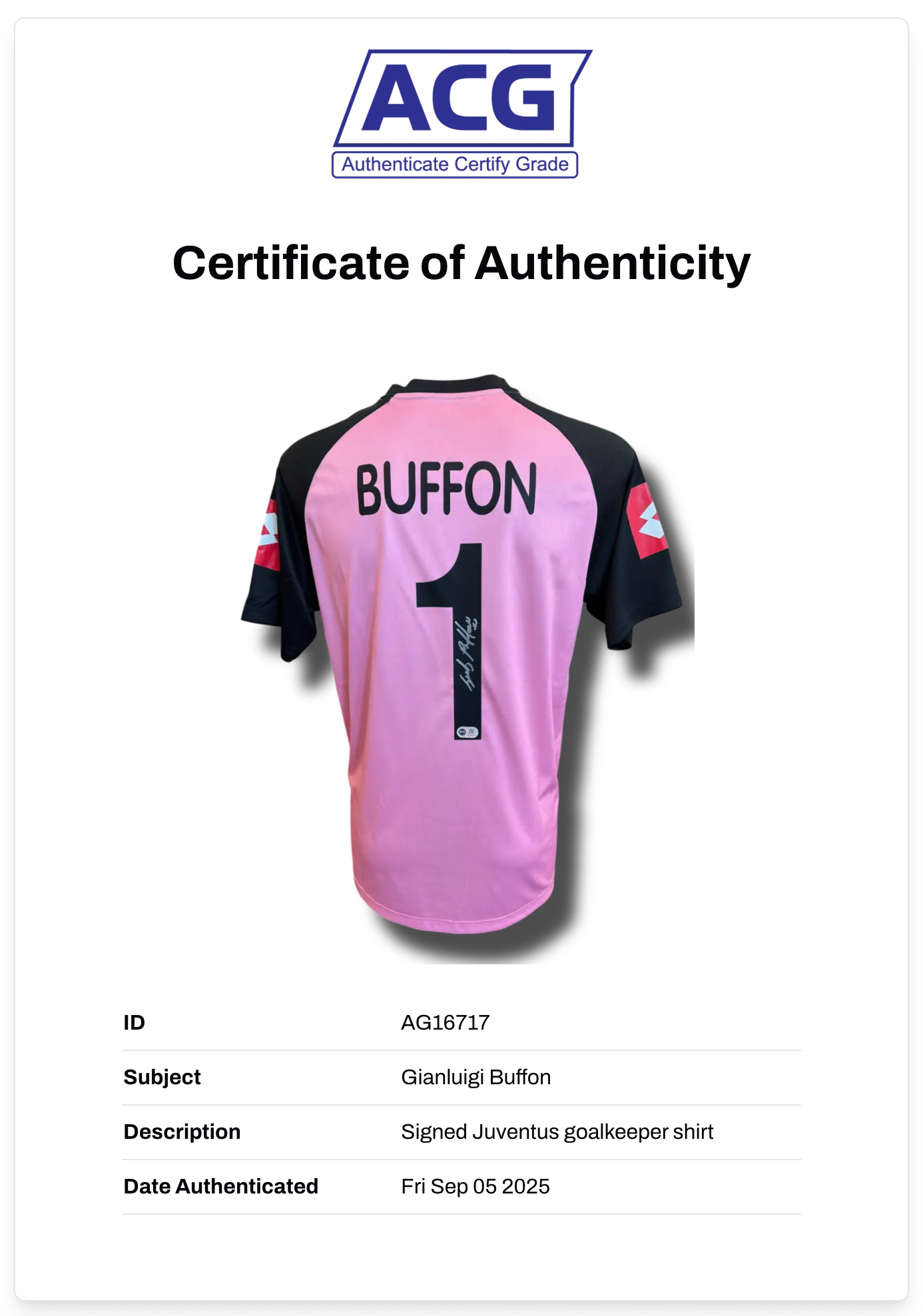 GIANLUIGI BUFFON SIGNED 2002/03 JUVENTUS GOALKEEPER SHIRT (ACG CERT AG16717)