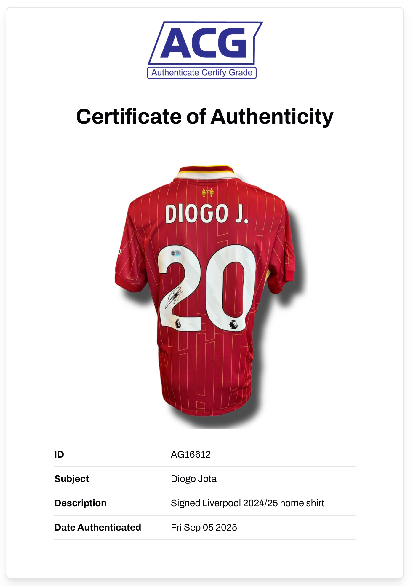 DIOGO JOTA SIGNED LIVERPOOL FC 2024/25 HOME SHIRT (ACG CERT AG16612)