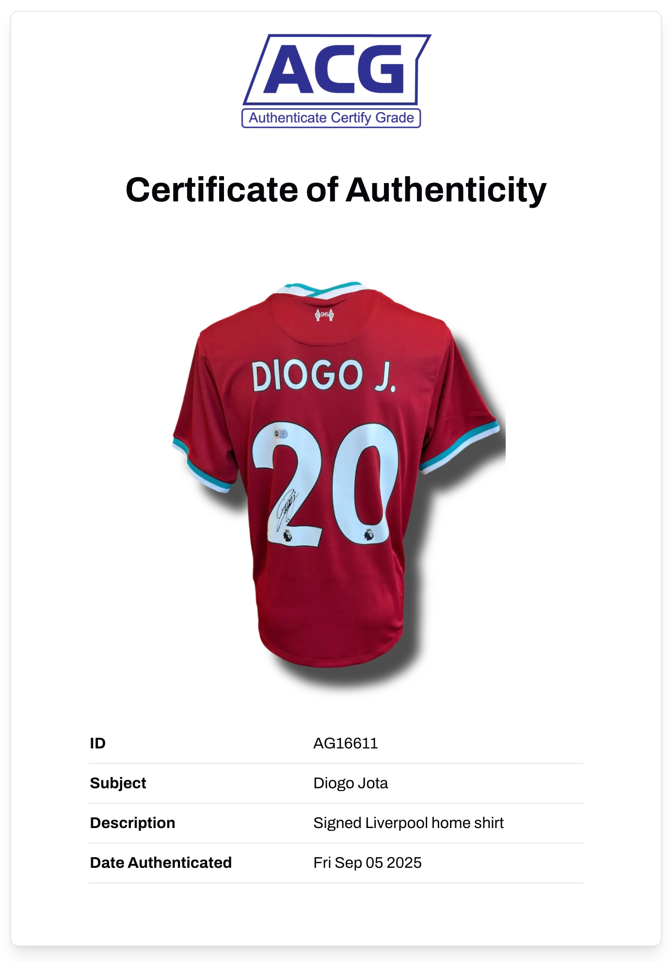 DIOGO JOTA SIGNED LIVERPOOL FC 2020/21 HOME SHIRT (ACG CERT AG16611)