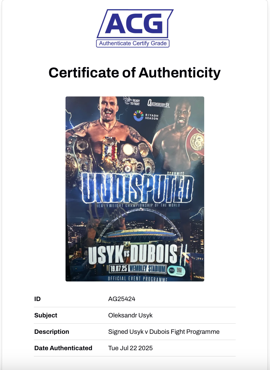 OLEKSANDR USYK SIGNED USYK DUBOIS UNDISPUTED PROGRAMME (ACG CERT AG25424)