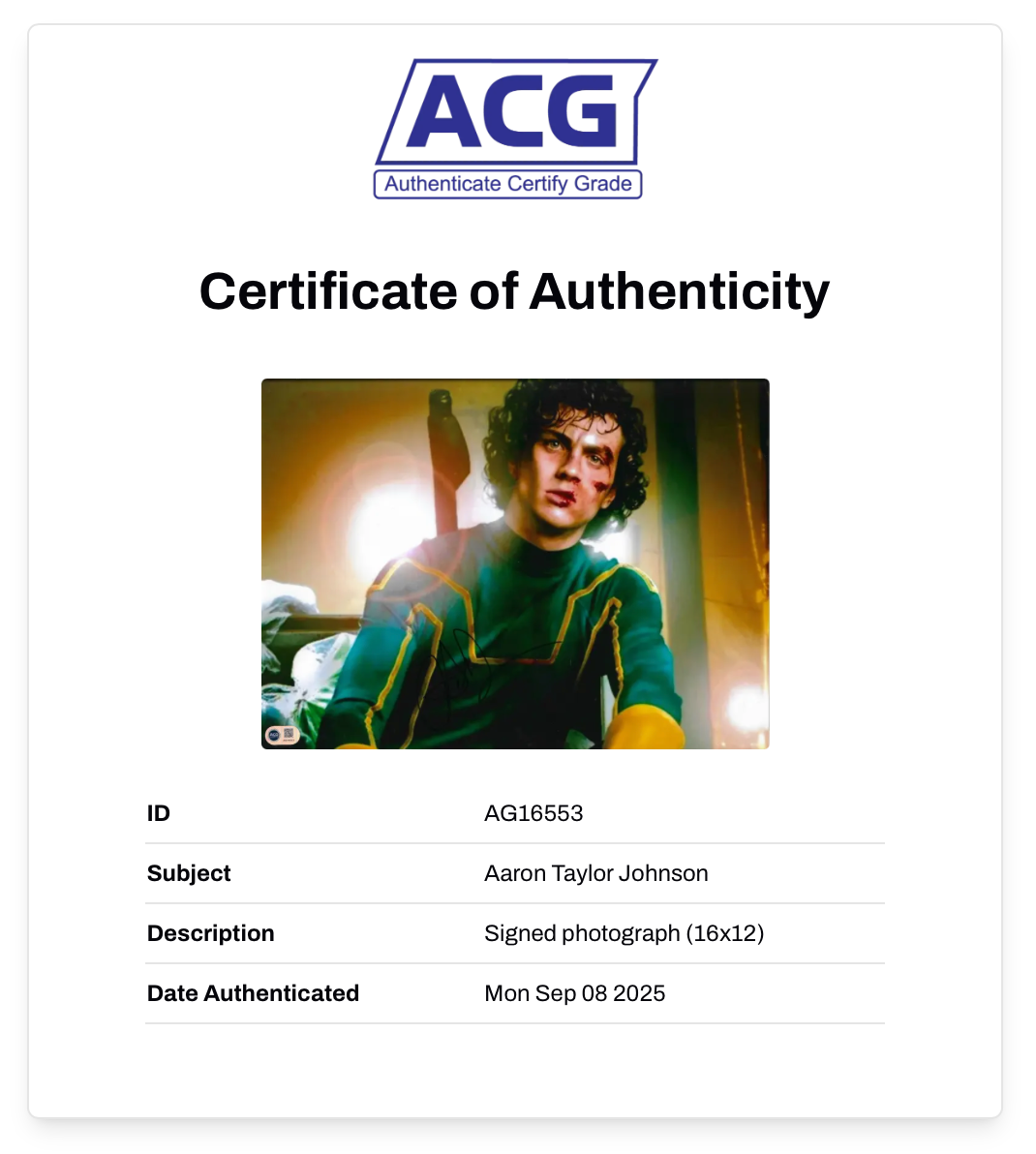 AARON TAYLOR JOHNSON SIGNED 16x12 KICK-ASS PHOTO (ACG CERT AG16553)
