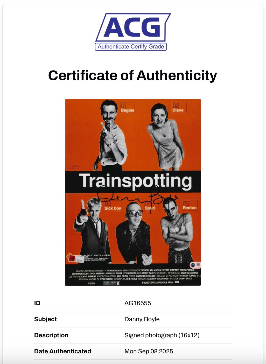 DANNY BOYLE SIGNED TRAINSPOTTING 16x12 PHOTO (ACG CERT AG16555)