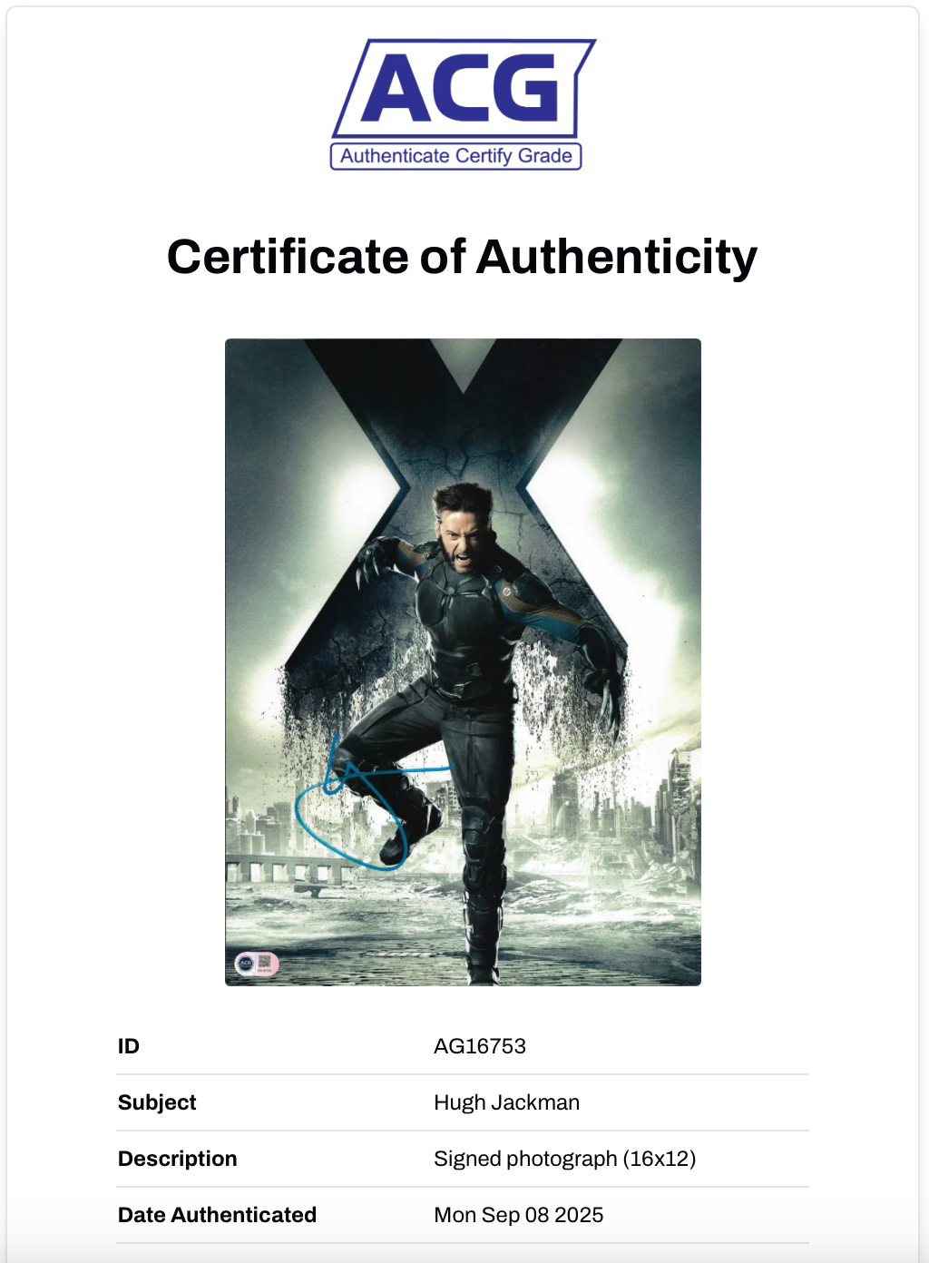 HUGH JACKMAN SIGNED 16X12 WOLVERINE X-MEN PHOTO (ACG CERT AG16753)