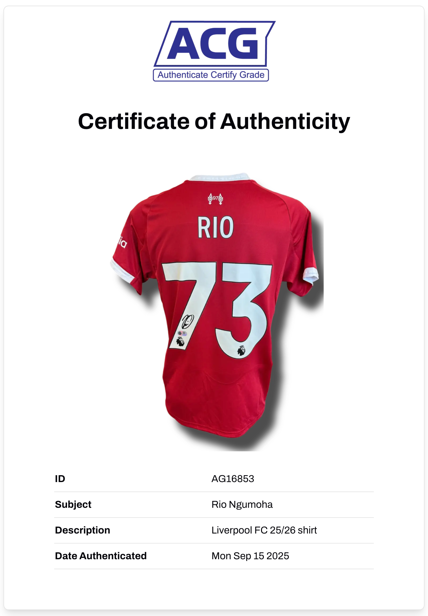 RIO NGUMOHA SIGNED 2025/26 LIVERPOOL FC HOME SHIRT (ACG CERT AG16853)
